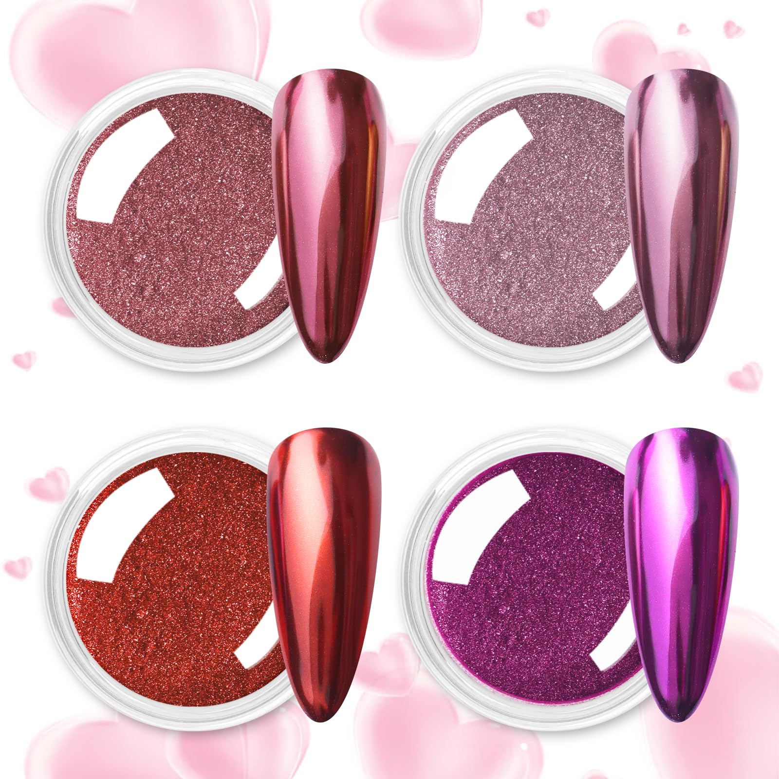 Allstarry Pink Chrome Nail Powder, Metallic 4 Colors Valentines Nails Powder Mirror Effect Manicure Pigment Pink Red Chrome Powd