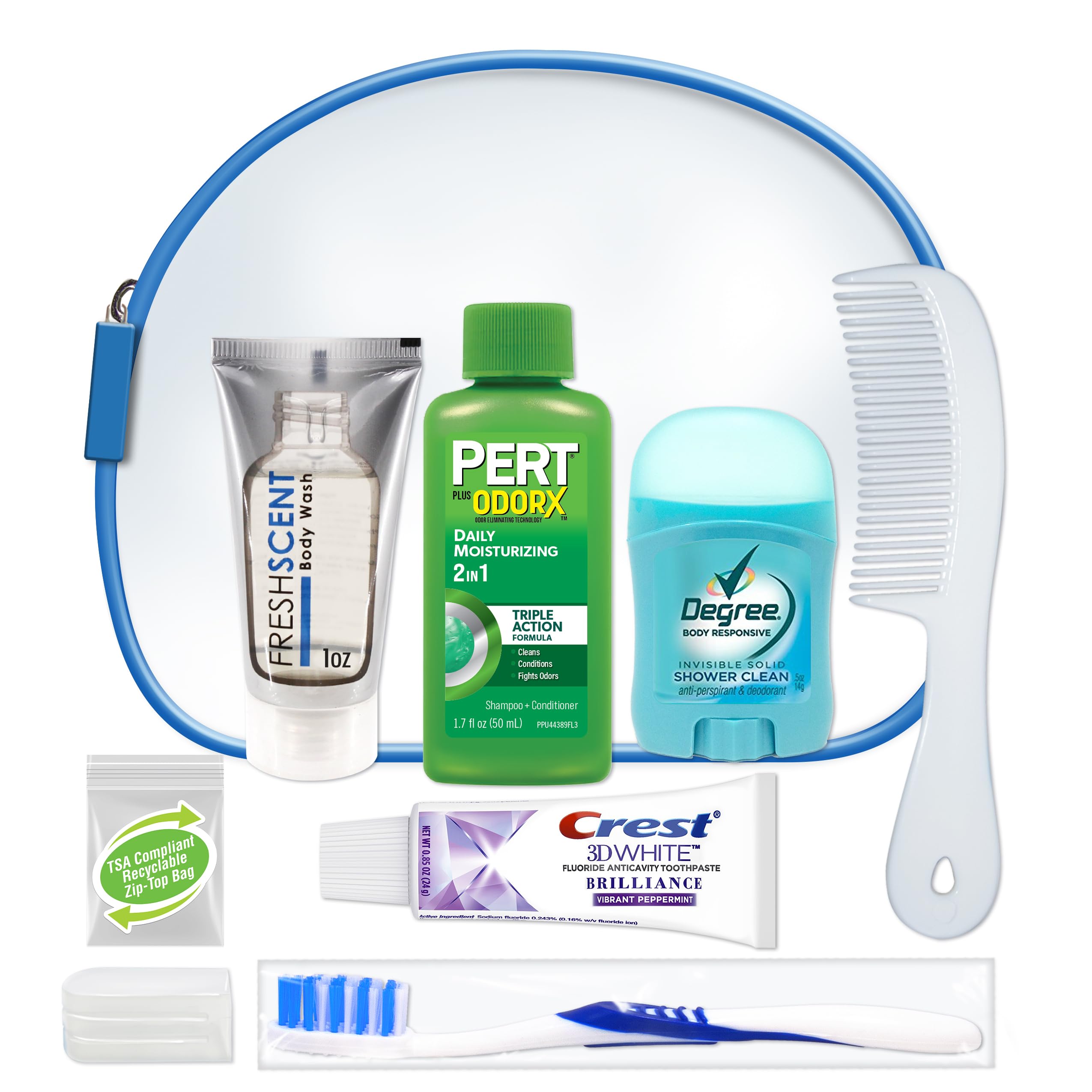 Convenience Kits International Unisex 9 Piece Hygiene Travel Kit with 2in1 Shampoo, Degree Deodorant, Crest Toothpaste, Body W