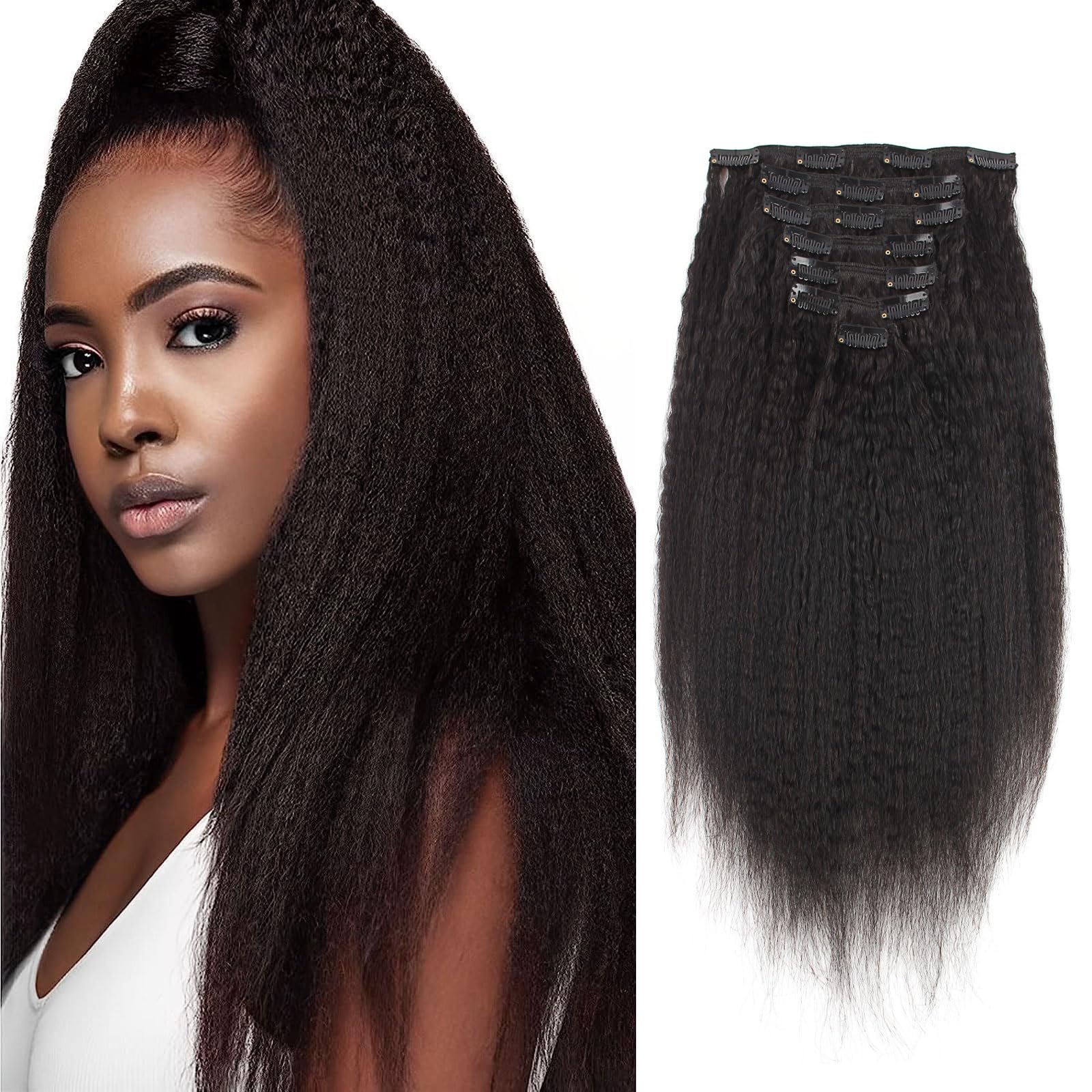 ABH AMAZINGBEAUTY HAIR Kinky Straight Clip ins for Black Women, 8A Grade Remy Human Hair, Natural Color, 17 Clips with 7 Pieces,
