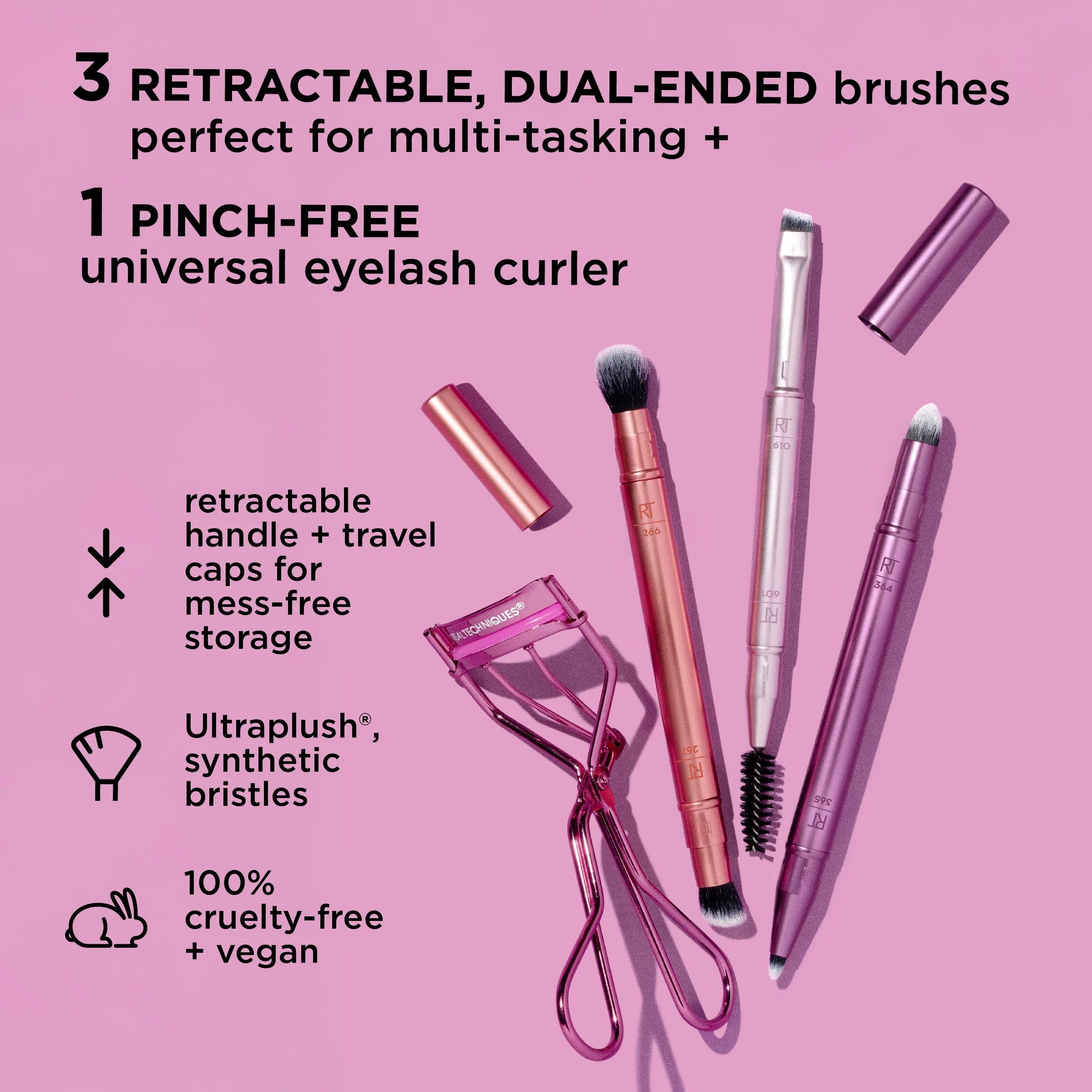 Real Techniques Double Time Brush + Lash 4 Piece Set, Dual-Ended Eye Makeup Brushes For Eyeshadow & Brows, Travel-Friendly Brush