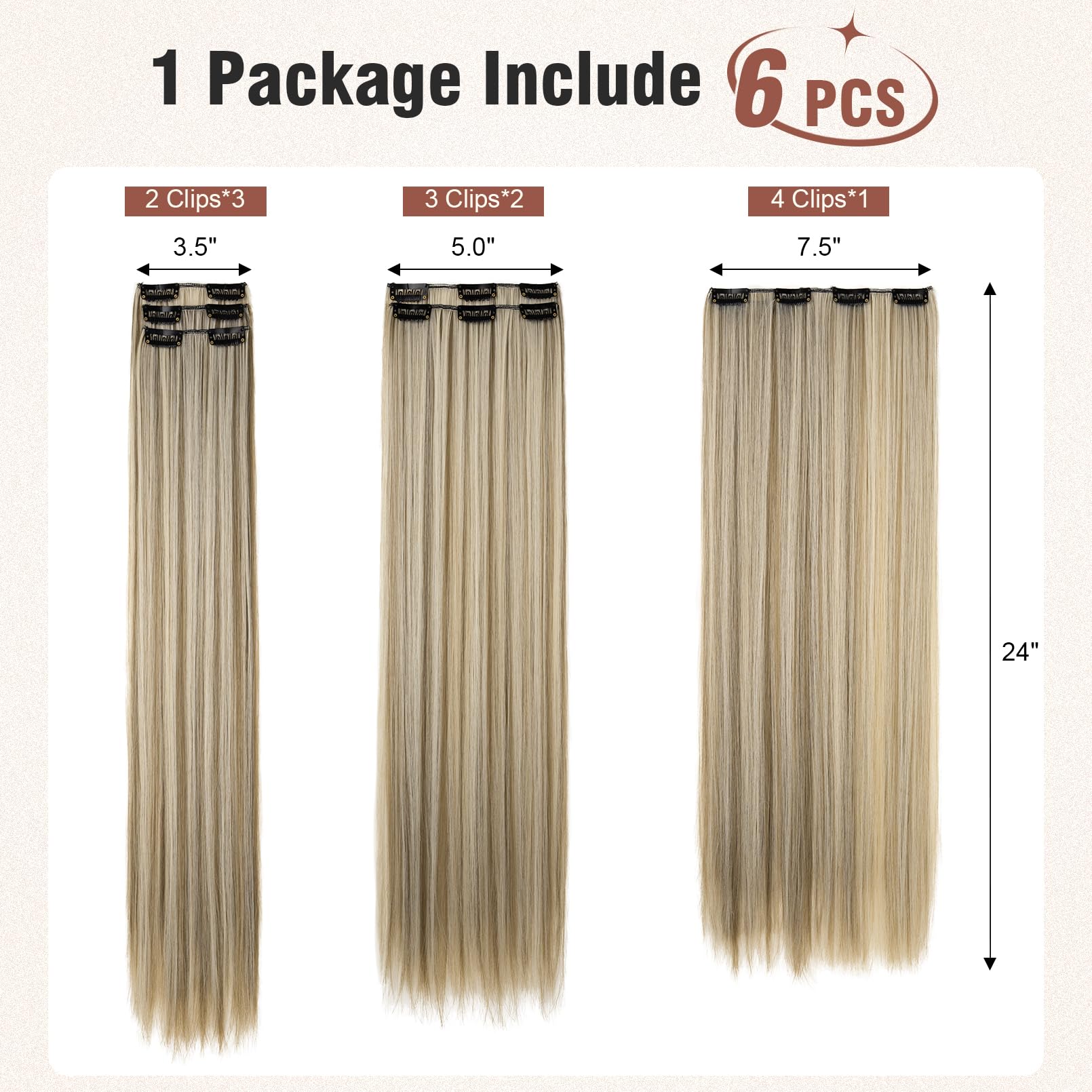 Flufymooz 6Pc Clip In Hair Extensions 24'' Straight Long Extensions For Women Synthetic Hairpiece (Ash Brown With Blonde Highlig