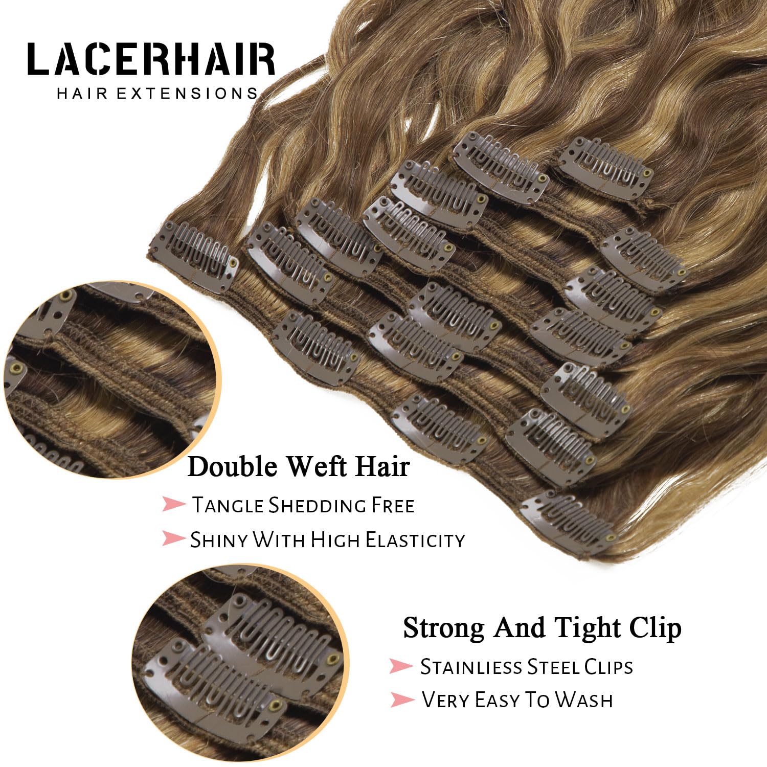 Lacerhair 14Inch Curly Clip In Hair Extensions Highlight Honey Blonde With Dark Brown Thick Human Hair Extensions Natural Wave C