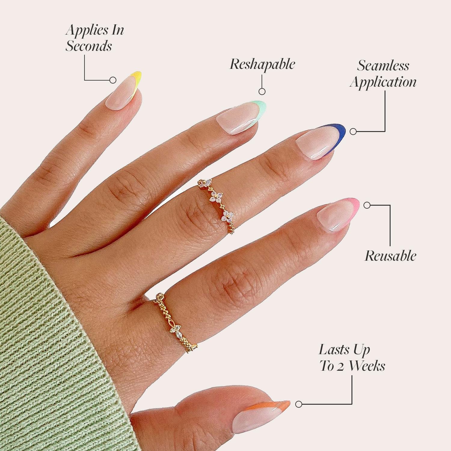 Glamnetic Press On Nails - Sprinkles | Rainbow French Tip Nails, Uv Finish Short Pointed Almond Shape, Reusable Semi-Transparent