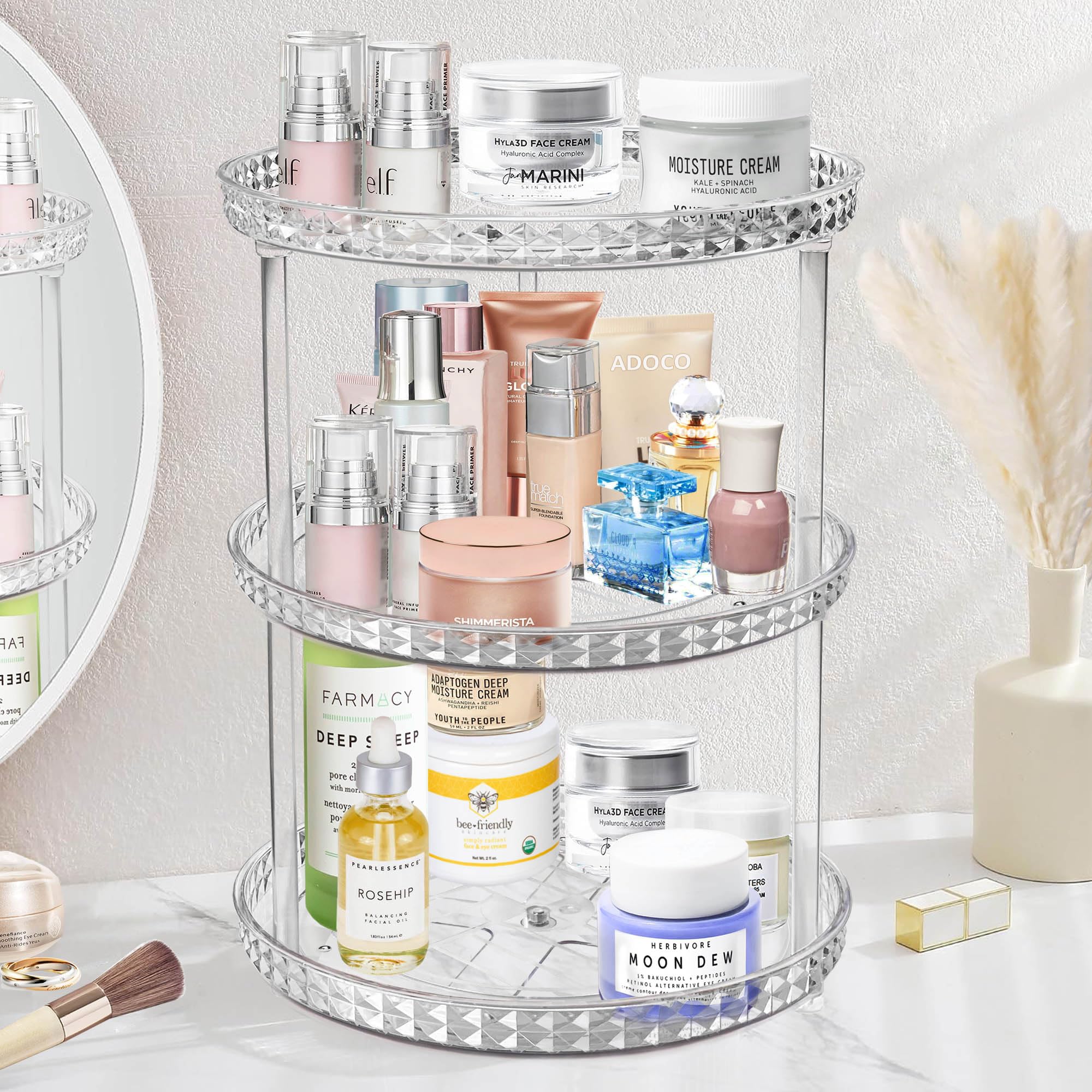 3 Tier Diamond Lazy Susan Bathroom Organizer Countertop, Clear 360 Rotating Cosmetic Makeup Organizer For Vanity, Skincare Organ
