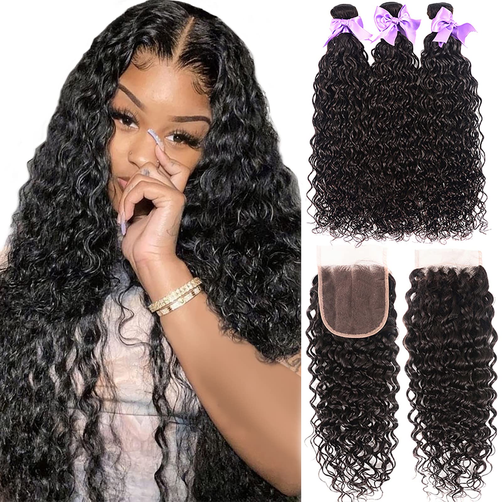 Laritaiya 8A Brazilian Virgin Human Hair Ocean Wave Bundles With Closure Unprocessed Curly Human Hair Bundles (28 28 28+20) Wate