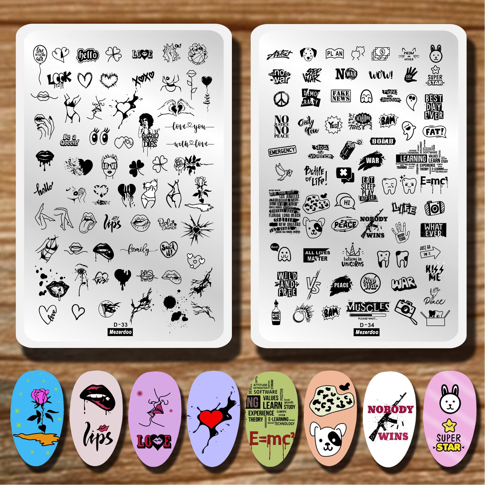 Lips Heart Nail Stamping Plate Kits 2pcs Love Flower Word Design Large Nail Stamping Templates Animal Letter Line Image Nail Sta
