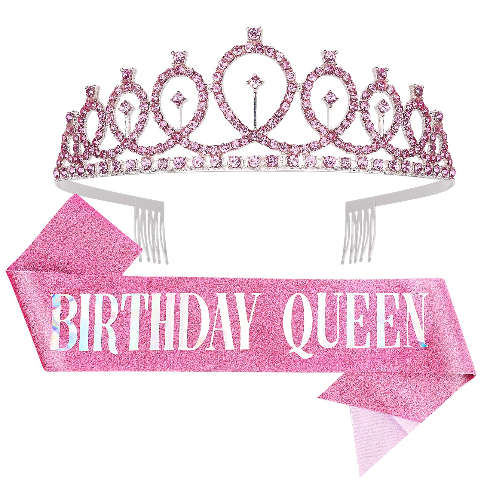 CIEHER Tiaras for Women Birthday,Birthday Crown,Birthday Queen Sash & Rhinestone Tiara Kit,Pink Crown,Princess Elegant Crown wit