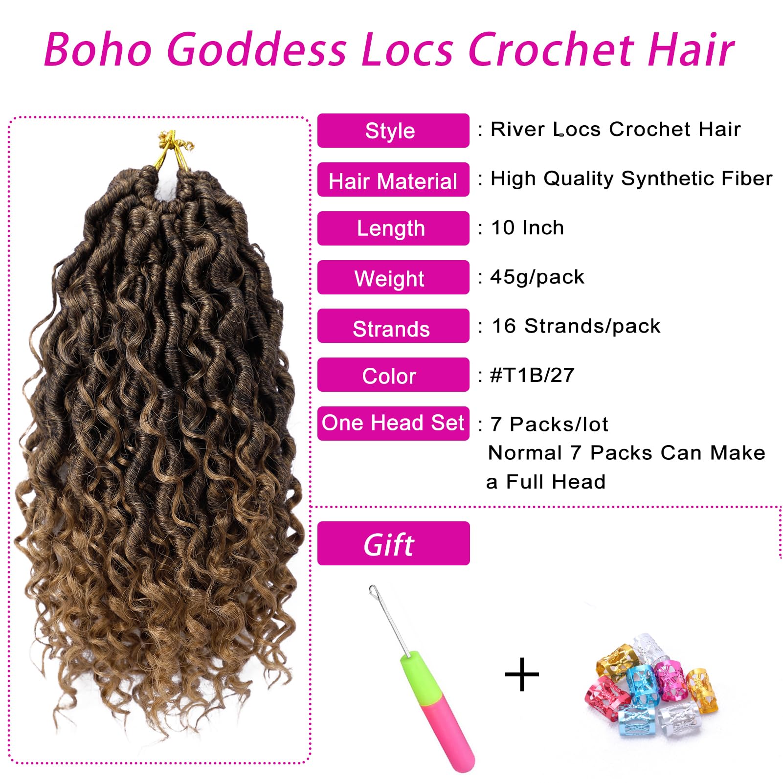 Goddess Locs Crochet Hair 10 Inch 7 Packs Ombre Boho Faux Locs Crochet Hair for Black Women Pre Looped Crochet Locs with Curly E