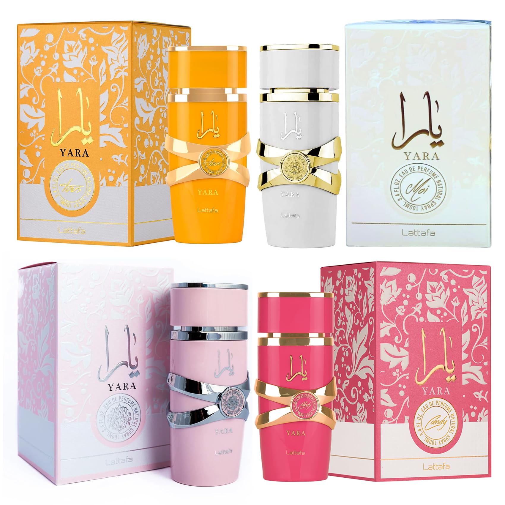 Lattafa 4 Piece Set Eau De Parfum Spray for Women - Yara, Yara Moi, Yara Tous, Yara Candy - 3.4 Fl Oz Each