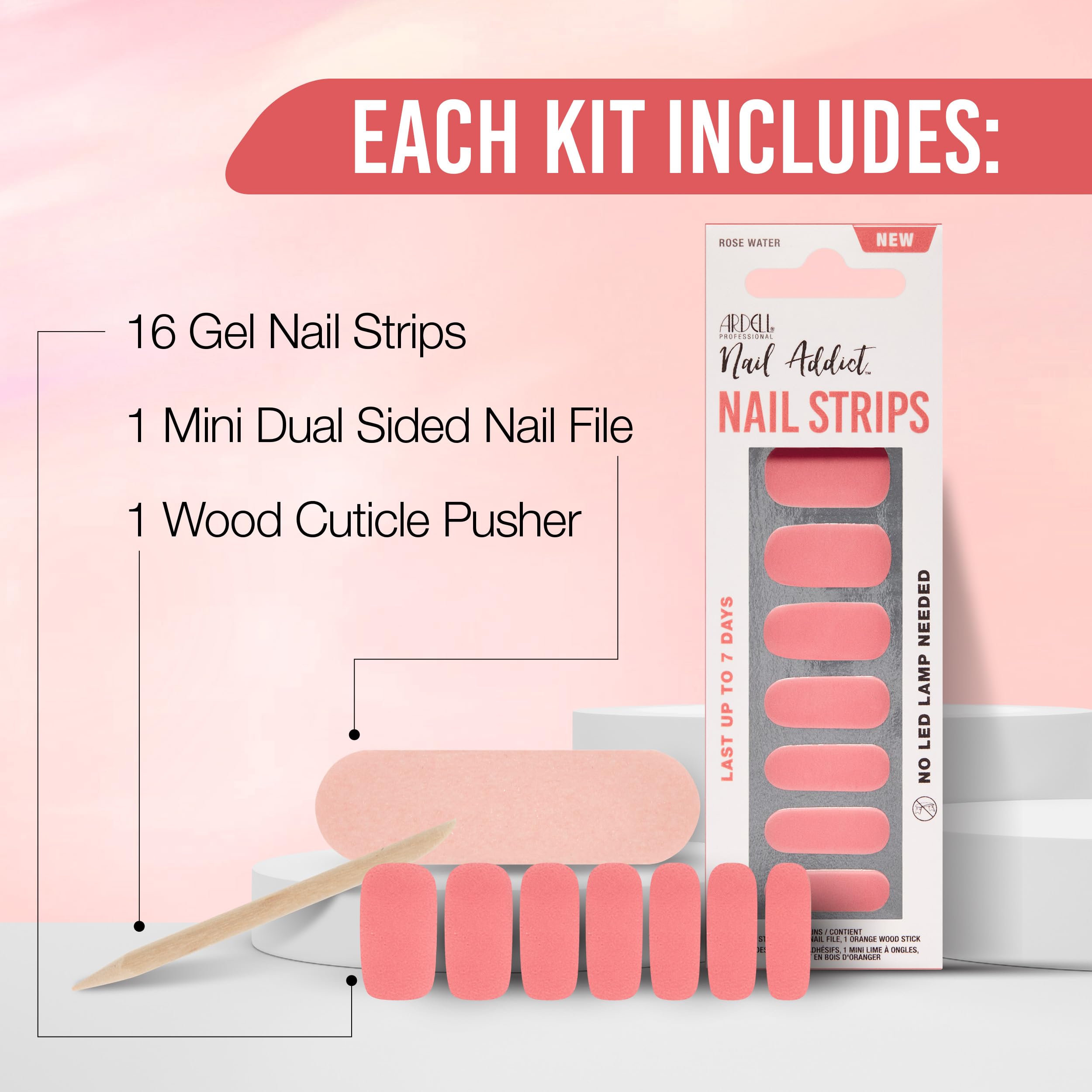 Ardell Nail Addict Nail Strips - Rose Water, Easy-To-Apply Nail Wraps, Long-Lasting Nail Stickers, No Led Lamp Needed With File