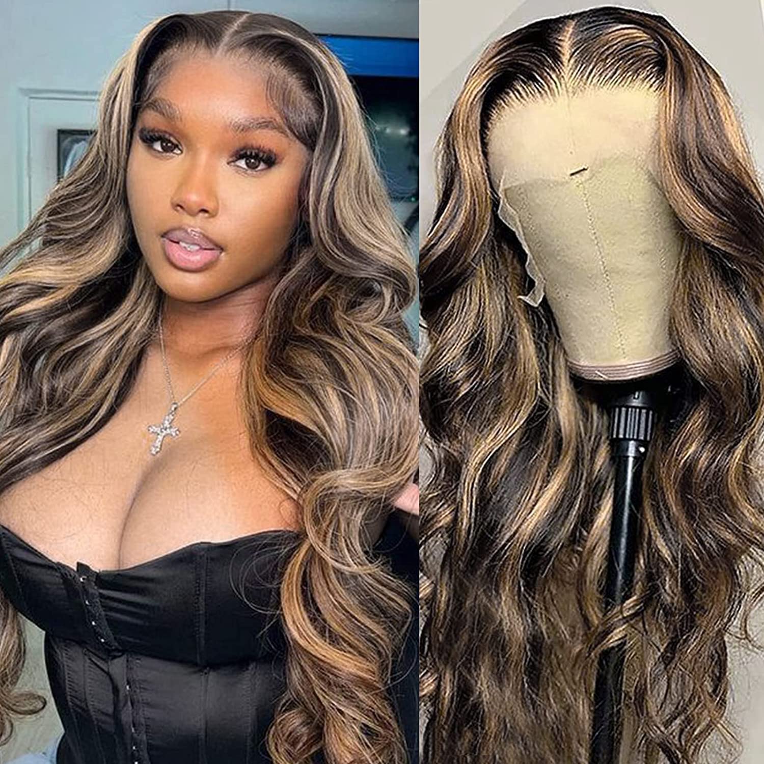 MEGALOOK Highlight Ombre HD 13x4 Lace Front Wigs Human Hair Pre Plucked 200% Density Balayage Wig Human Hair Body Wave Lace Fron