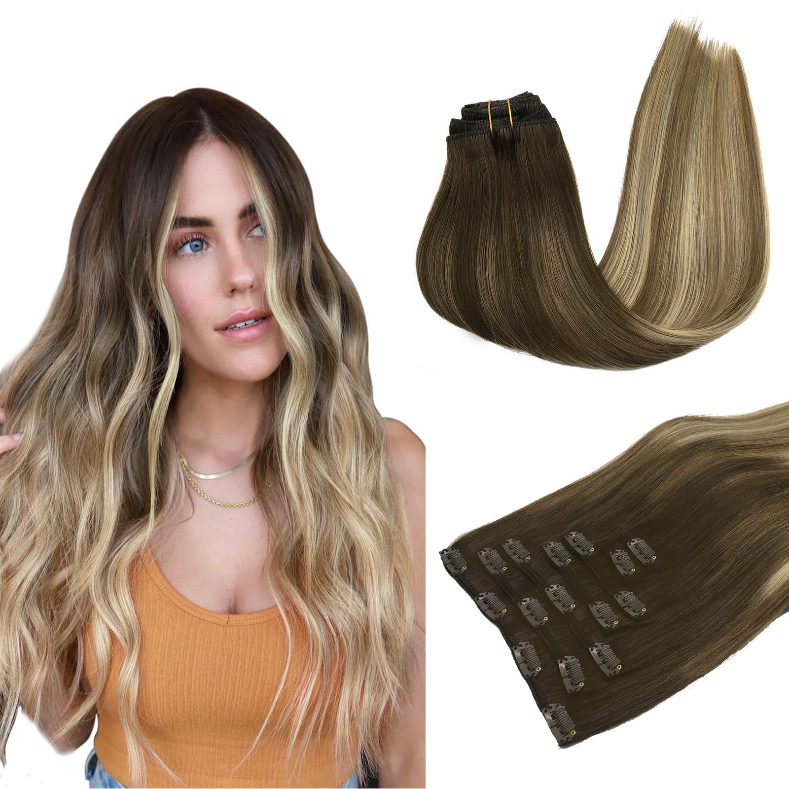 Clip in Hair Extensions Real Human Hair, 7pcs 120g Walnut Brown to Ash Brown and Bleach Blonde 22 Inch, MAXITA Real Hair Extensi