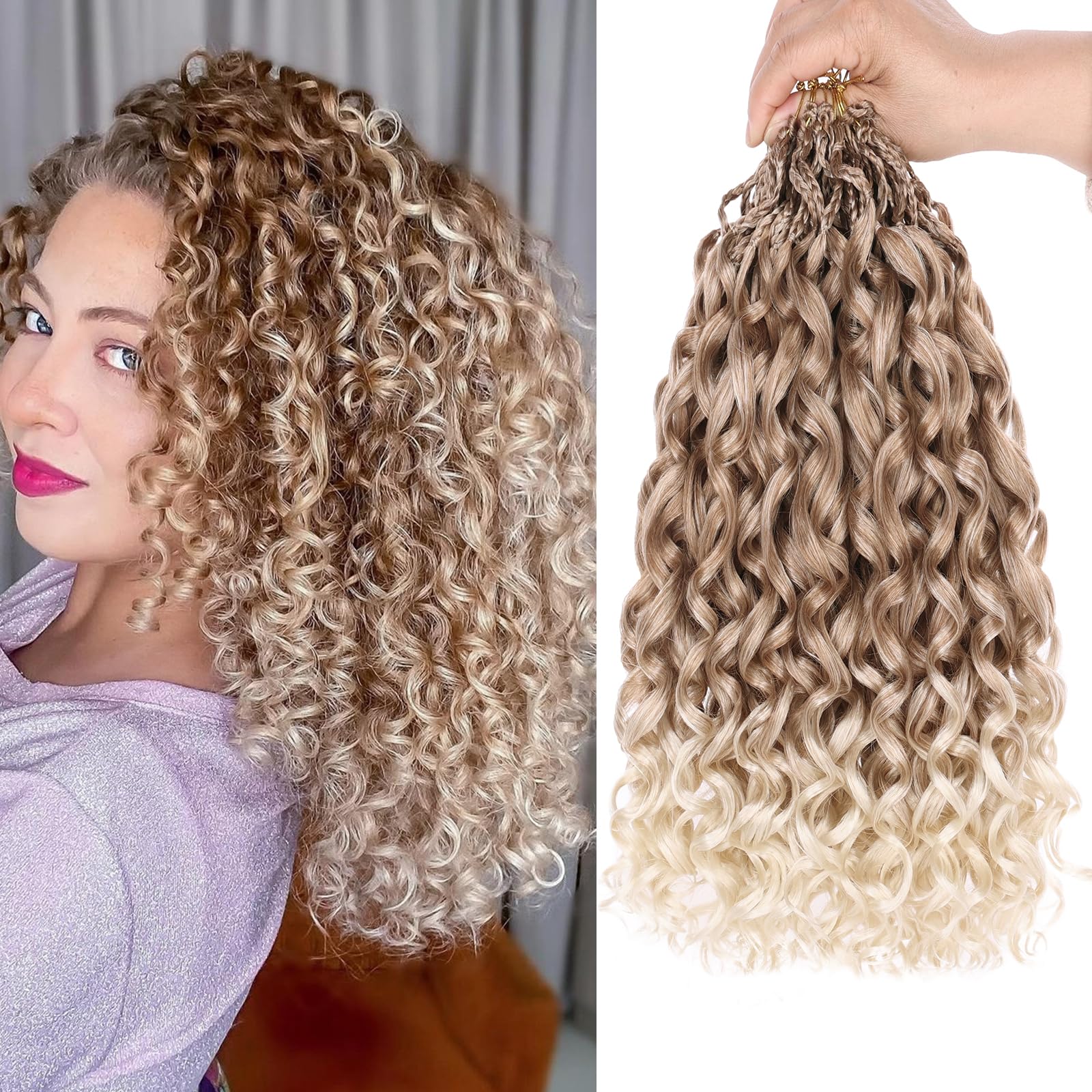 Leeven 14 Inch Gogo Curl Crochet Hair 8 Packs Pre Looped Water Wave Crochet Hair Ombre Blonde Ocean Wave Goddess Box Braids Deep