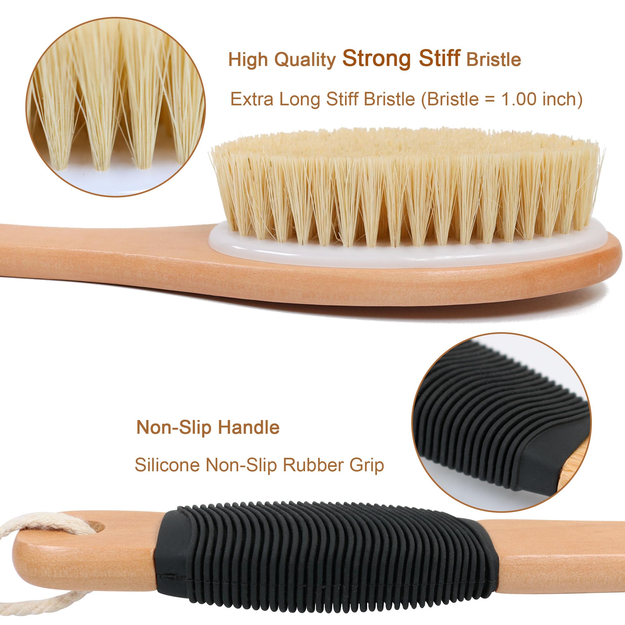 Owiizi Back Scrubber Brush For Shower, Long Stiff Bristle Body Bath Brushes, Wooden Curved Long Handle Skin Exfoliator For Men W