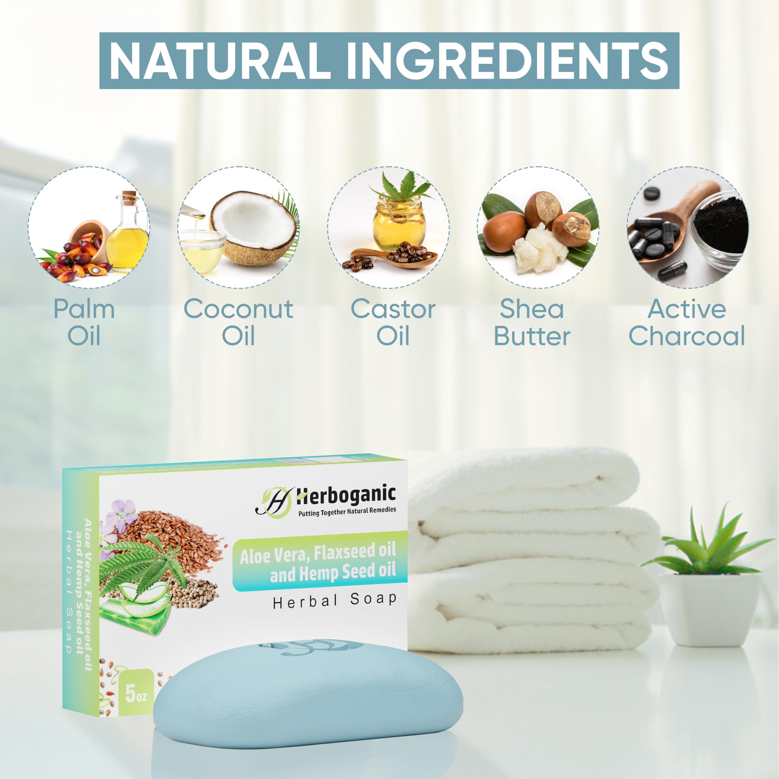 HERBOGANIC Aloe Vera, Flaxseed Oil and Hemp Seed Oil Herbal Soap | Natural Bar Soap for Anti-Aging | Rejuvenating and Nourishing