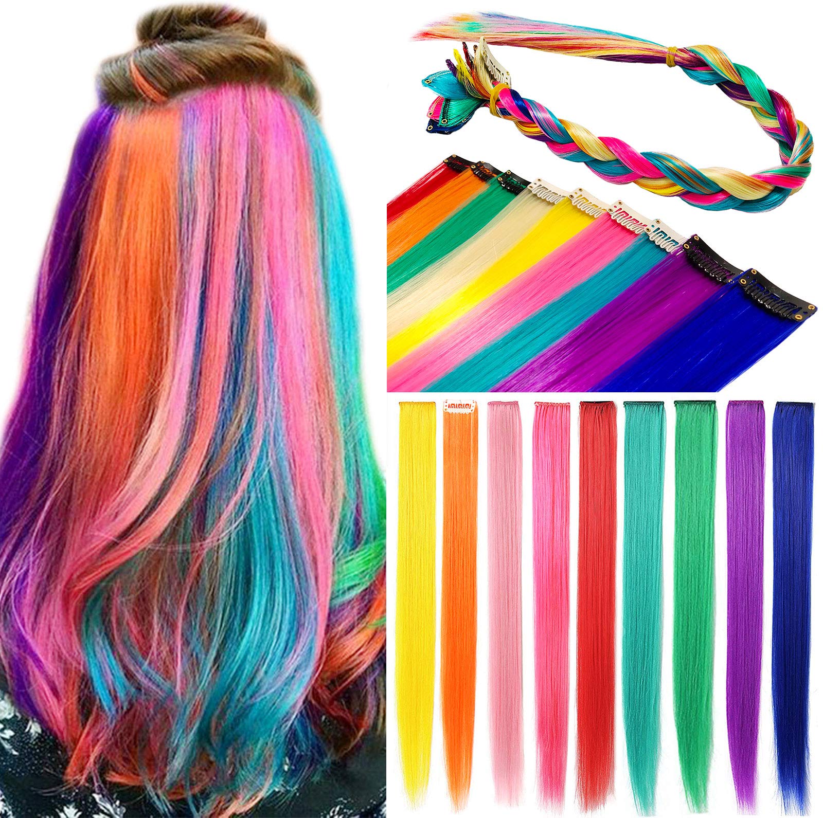 SARARHY 9PCS Fashion Hair Accessories Clip in/On Rainbow Wig Pieces for Amercian Girls and Adults Colored Hair Extension Party H