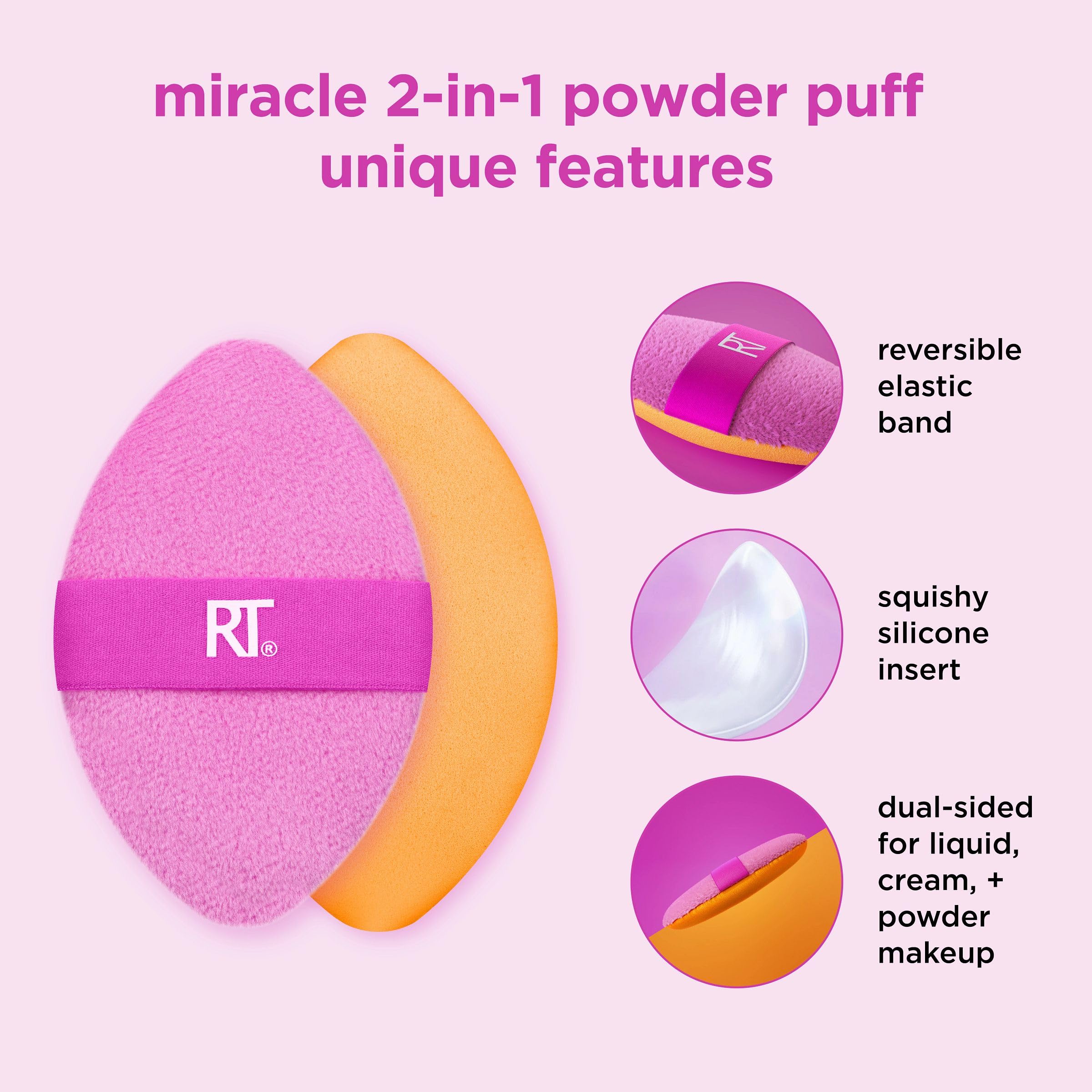 Real Techniques Miracle 2-In-1 Powder Puff, Dual-Sided, Full-Size Makeup Blending Puff, Reversible Elastic Band, Precision Tip M