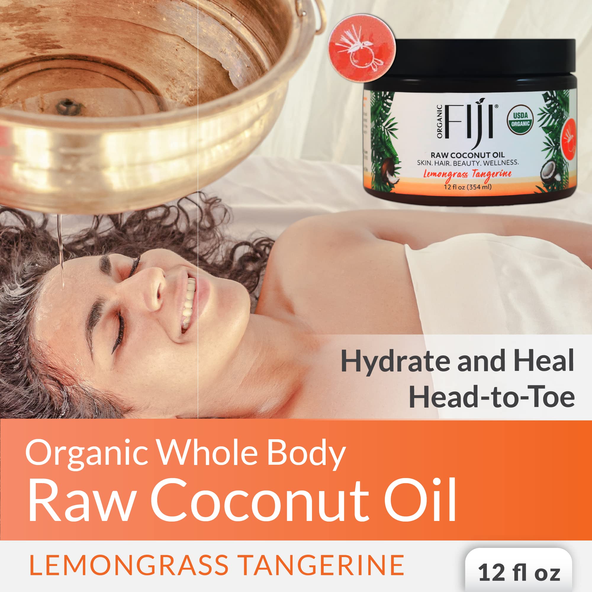 Organic Fiji Raw Cold Pressed Coconut Oil For Hair, Skin, Face & Body | Relaxing Massage Oil | Lemongrass Tangerine,12 Oz For Wo