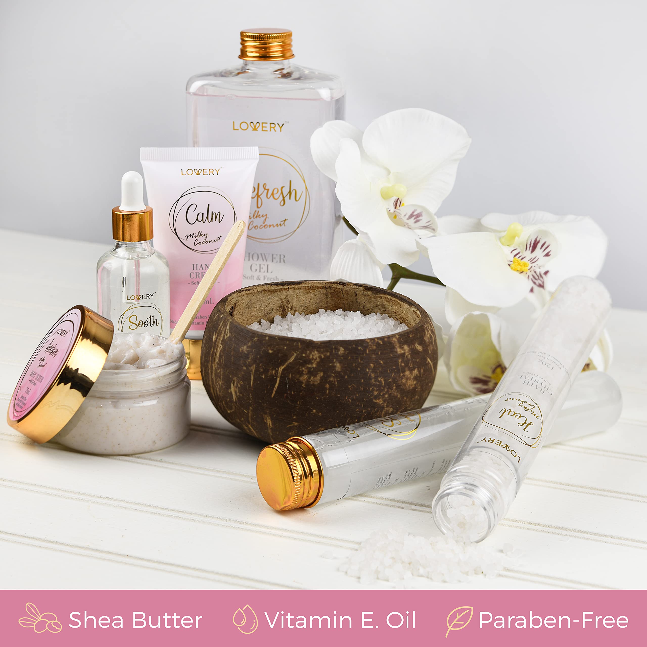 Luxury Bath Gift Set - Home Spa Gift Basket With Milky Coconut Scent, Vitamin E & Shea Butter With Shower Gel, Bath Salt & Cryst
