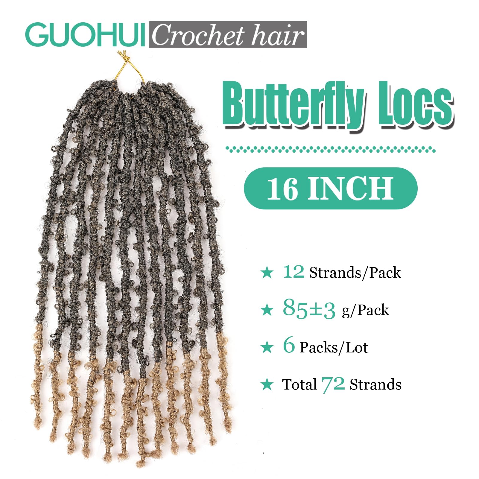 Guohui Butterfly Locs Crochet Hair 16 Inch 6 Packs Color Ombre Honey Blonde All Handmade Pre-Looped Distressed Faux Locs Braids
