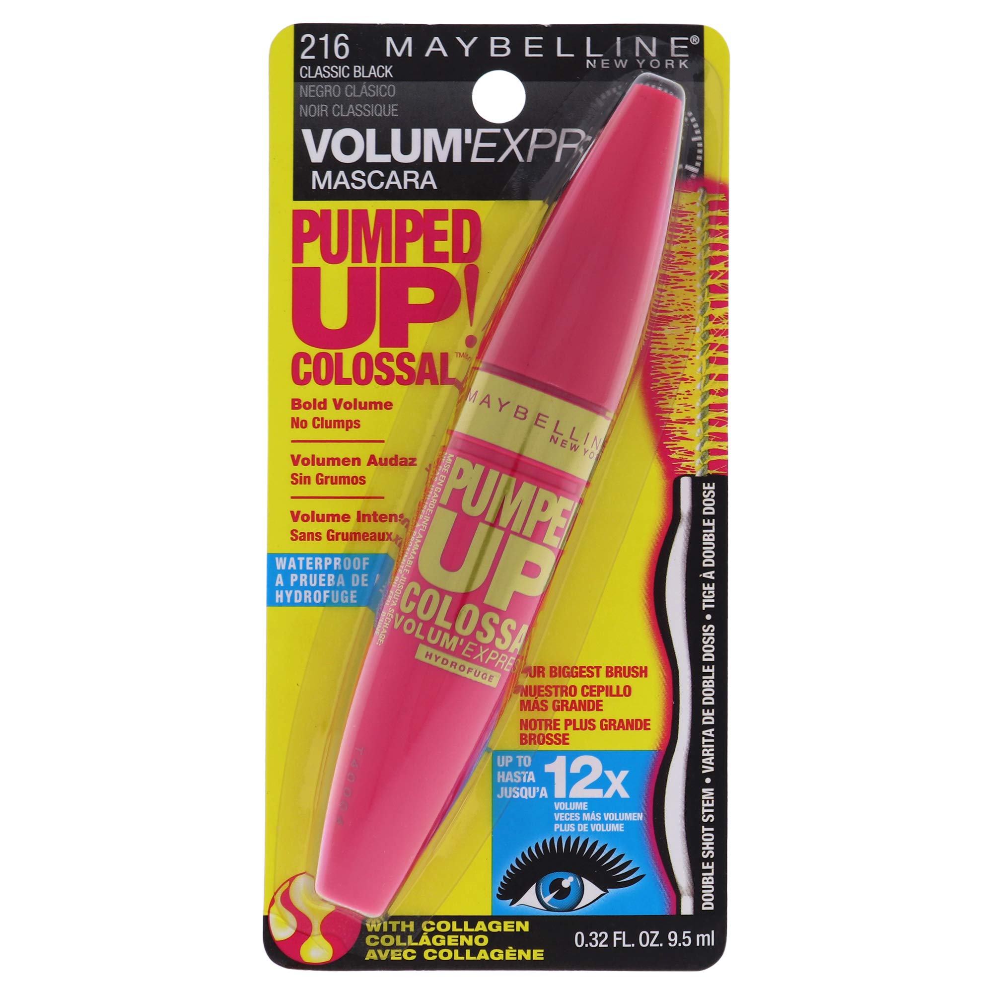 Maybelline New York Volum Express Pumped Up Colossal Waterproof Mascara, Classic Black, 032 Fl Oz, (K1569200)