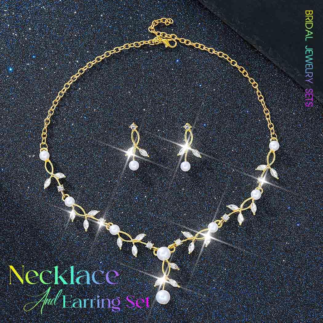 Unicra Gold Pearl Necklace Earrings Sets Rhinestone Bridal Wedding Jewelry Set Formal Prom Costume Jewelry Sets for Women and Br