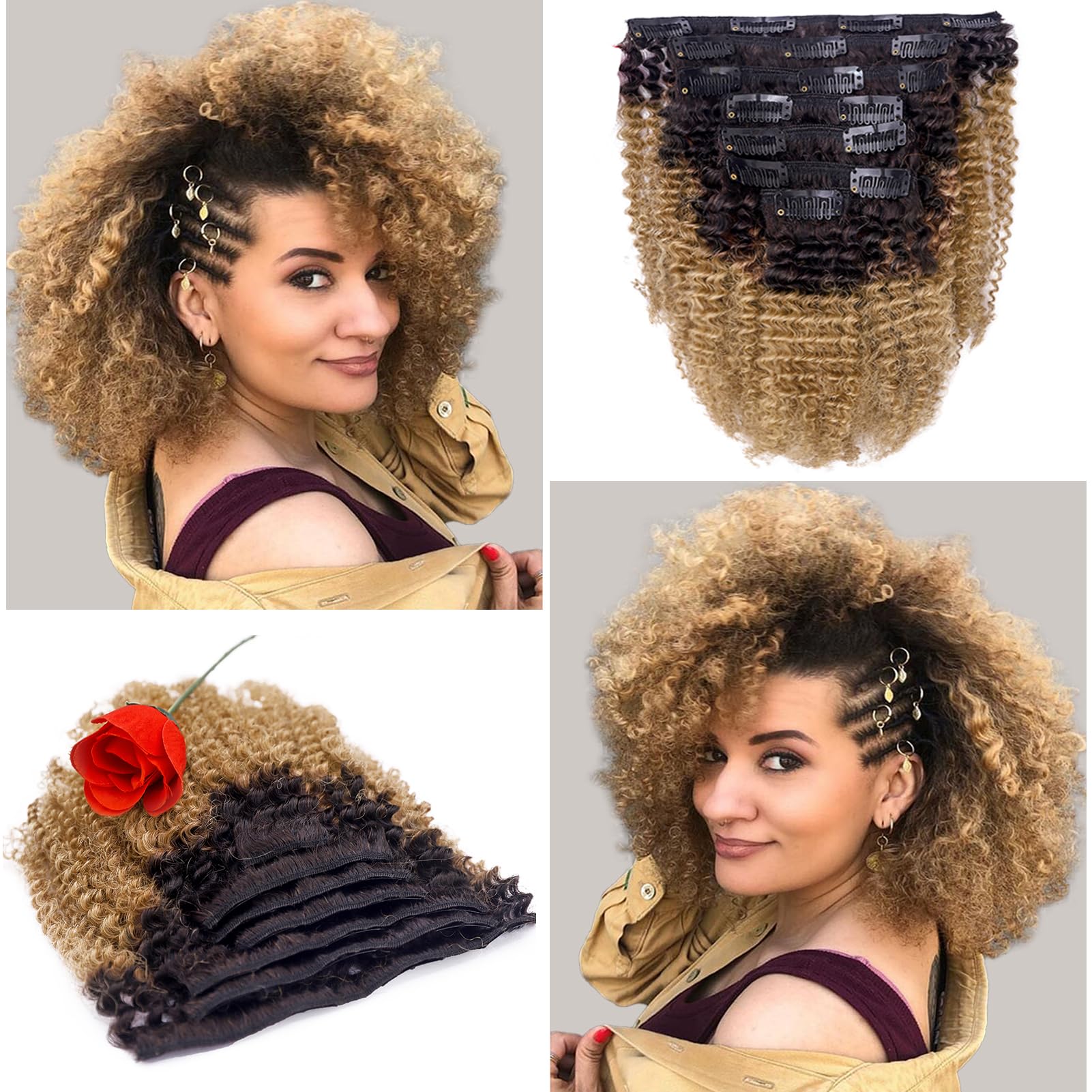 Anrosa Kinkys Curly Clip in Hair Extensions Human Hair 3C 4A Afro Kinky Curly Clip ins Natural Hair Real Remy Thick Human Hair E