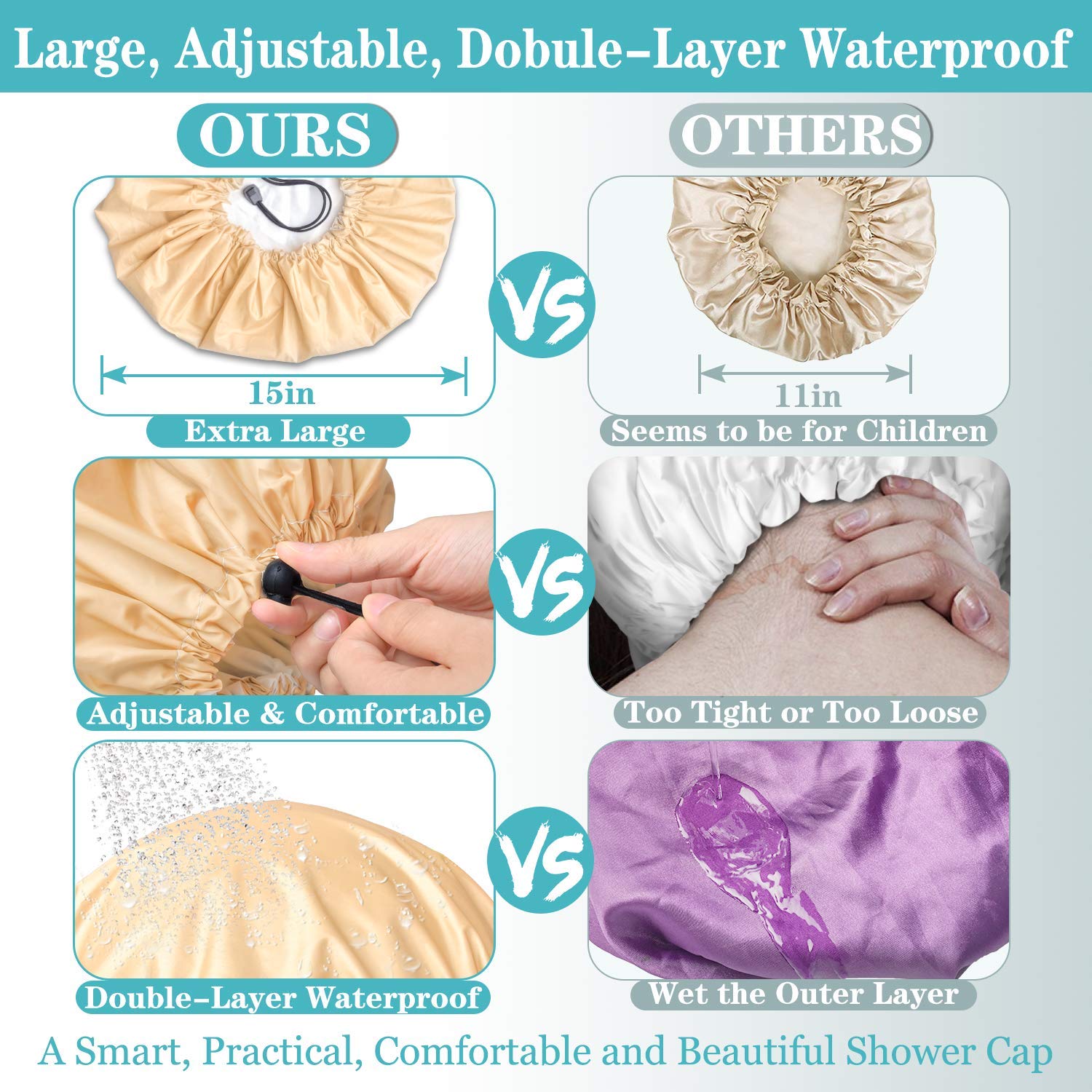 3 Packs Shower Caps For Women Reusable Waterproof Double Layer Extra Large Adjustable Bath Cap Leakproof For All Hair Lengths St