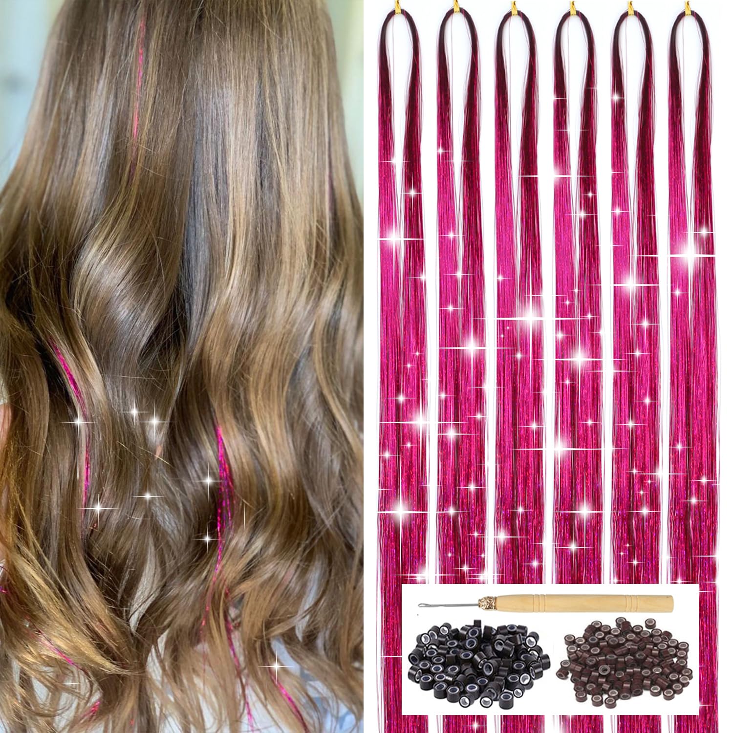 Rose Red Hair Tinsel Kit with Tool 6pcs 1200 Strands Tinsel Hair Extensions Heat Resistant Sparkling Shiny Glitter Fairy Hair fo