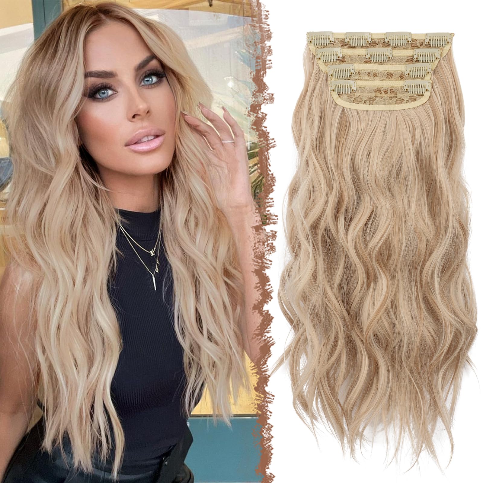 FESHFEN Clip in Hair Extensions 4 PCS Honey Blonde Mixed Platinum Blonde Thick Highlighted Hairpieces Long Wavy Clip in Hair Pie