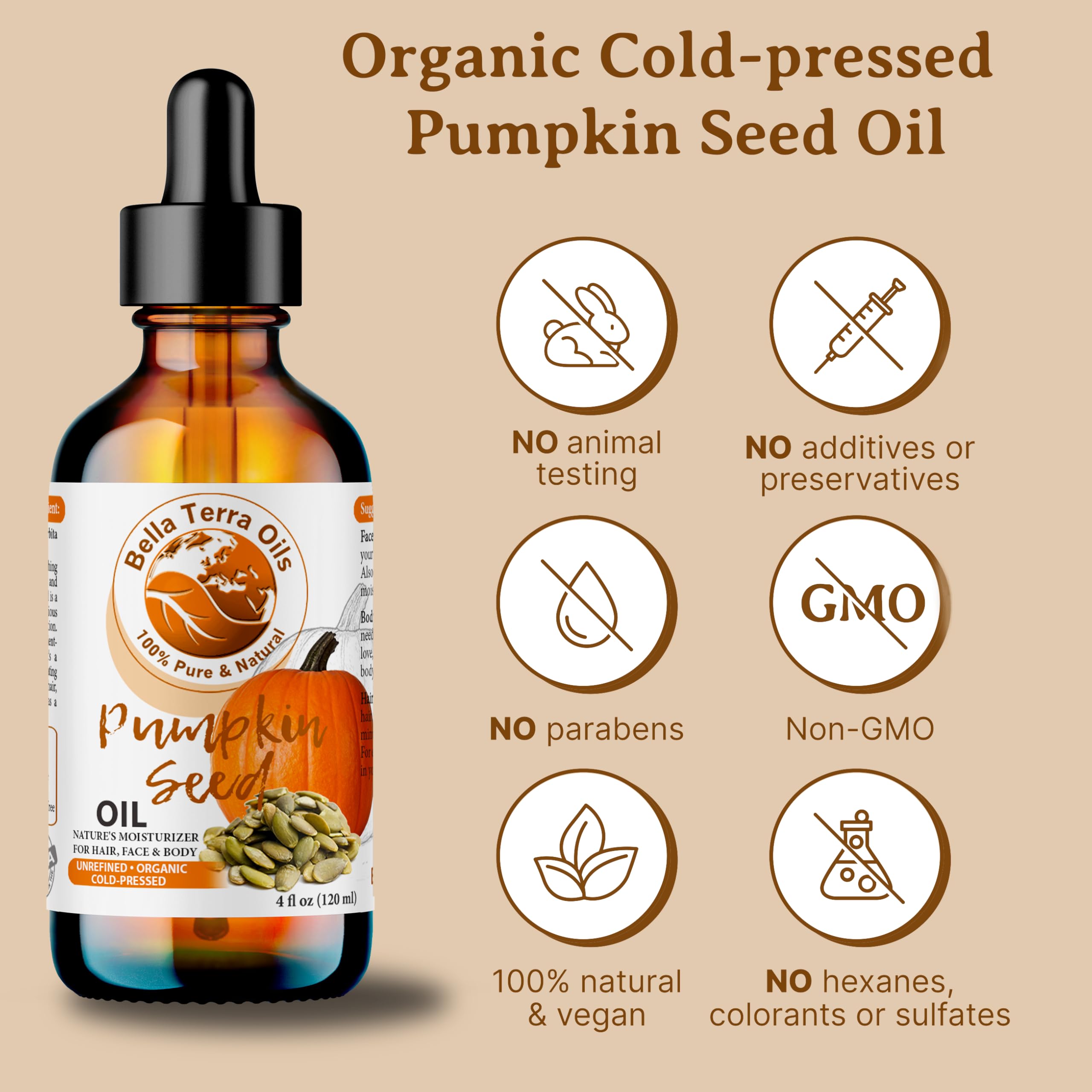 Bella Terra Oils - Organic Pumpkin Seed Oil 4oz - A Rendezvous with Organic Pumpkin's Nutritional Delight, Abundant in Vitamin C