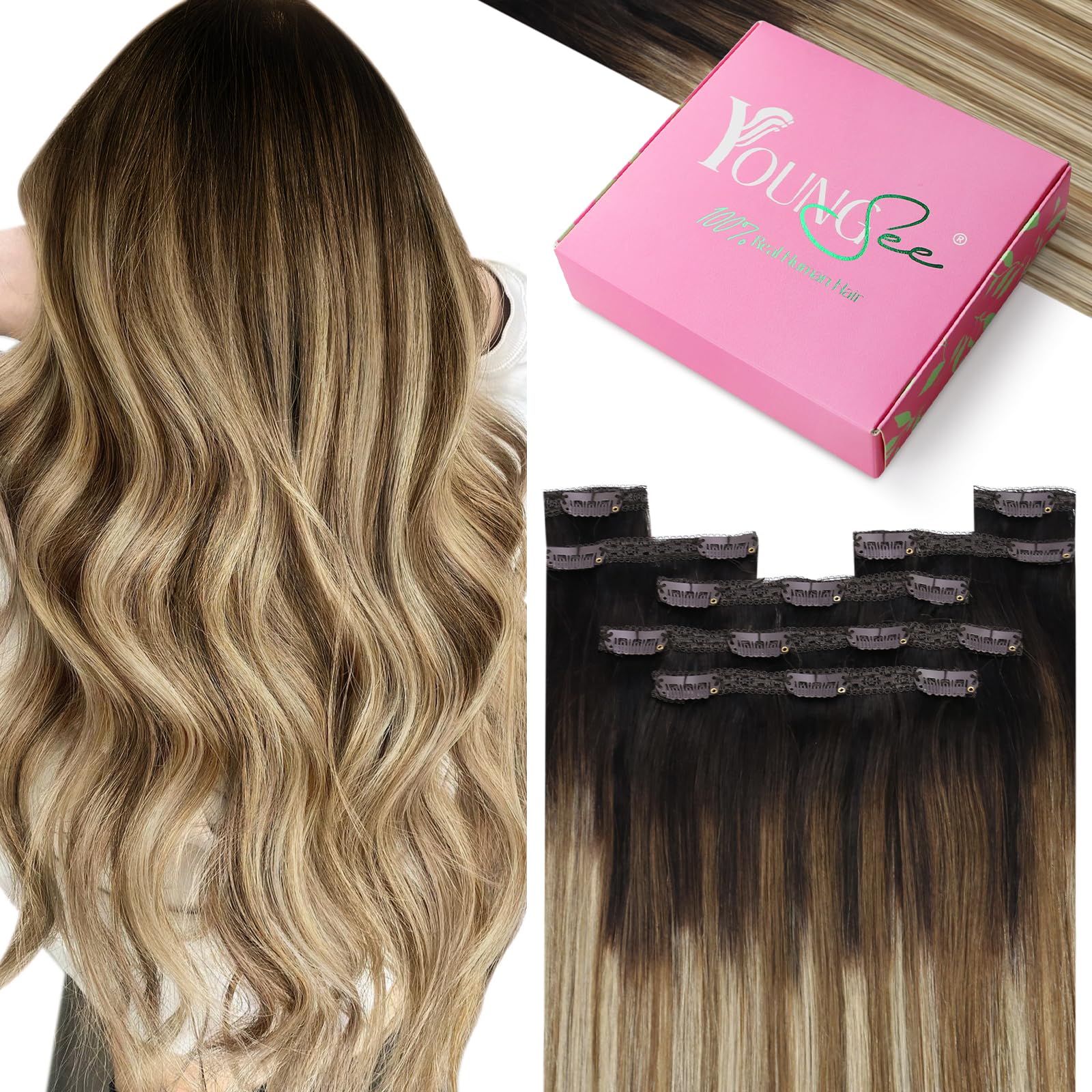 YoungSee 135g Human Hair Extensions Clip in Balayage Clip in Hair Extensions Dark Brown Roots Blending into Medium Brown with Wa