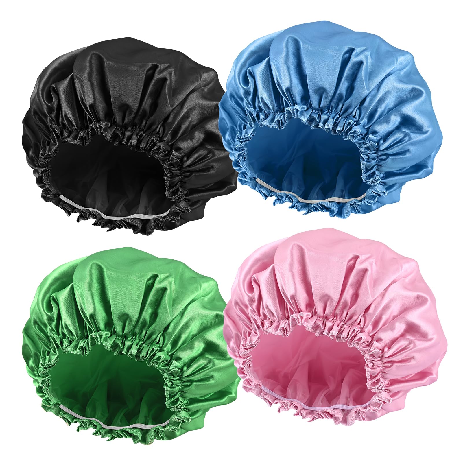 Shower Cap, Shower Cap Reusable Waterproof Washable For Women, Elastic Large Shower Cap For Long Hair, 4 Pcs Double Waterproof L