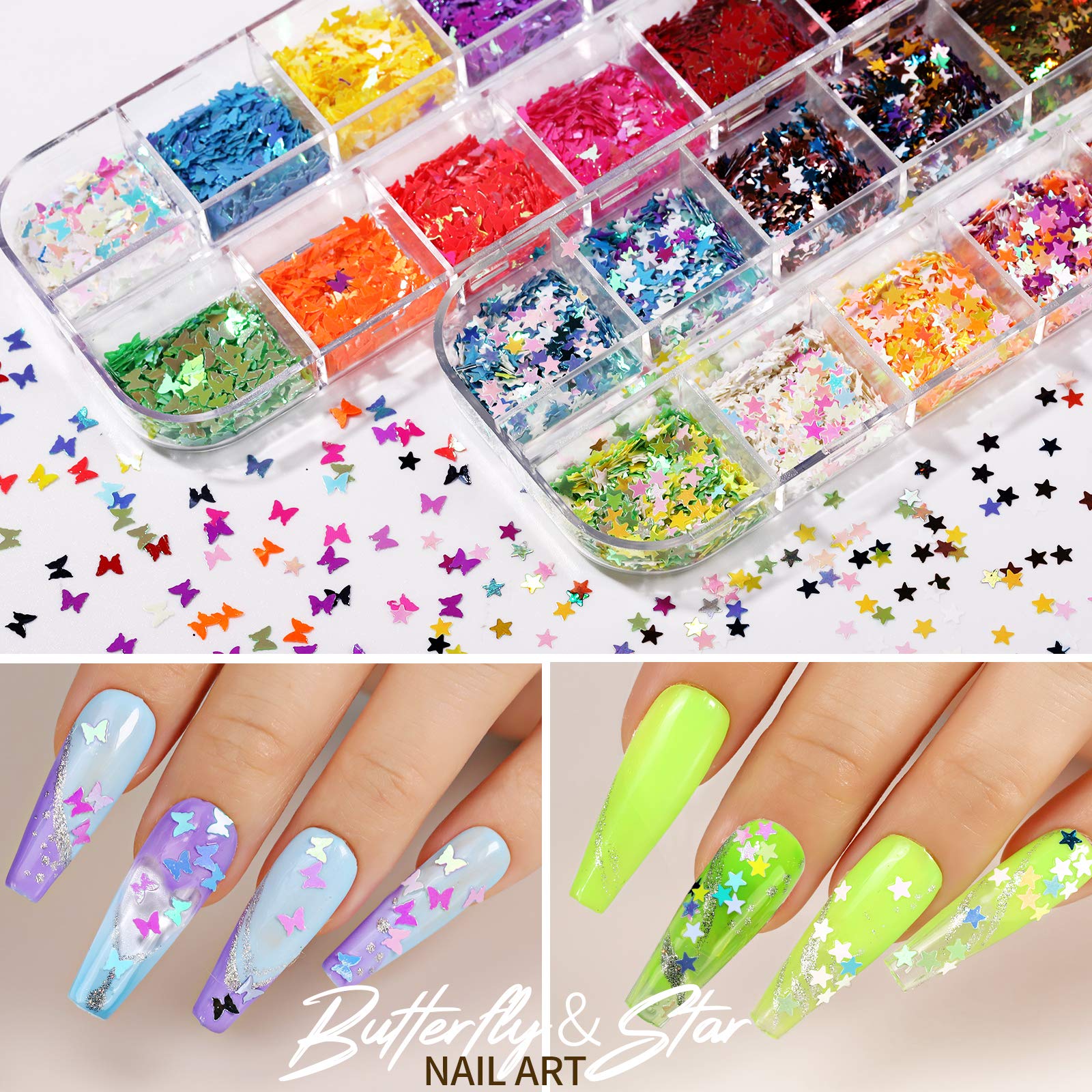 12 Sheets Nail Art Sticker 3D Self-Adhesive, Teenitor Nail Art Decoration with 5 Boxes Holographic Nail Art Glitter Flakes Butte