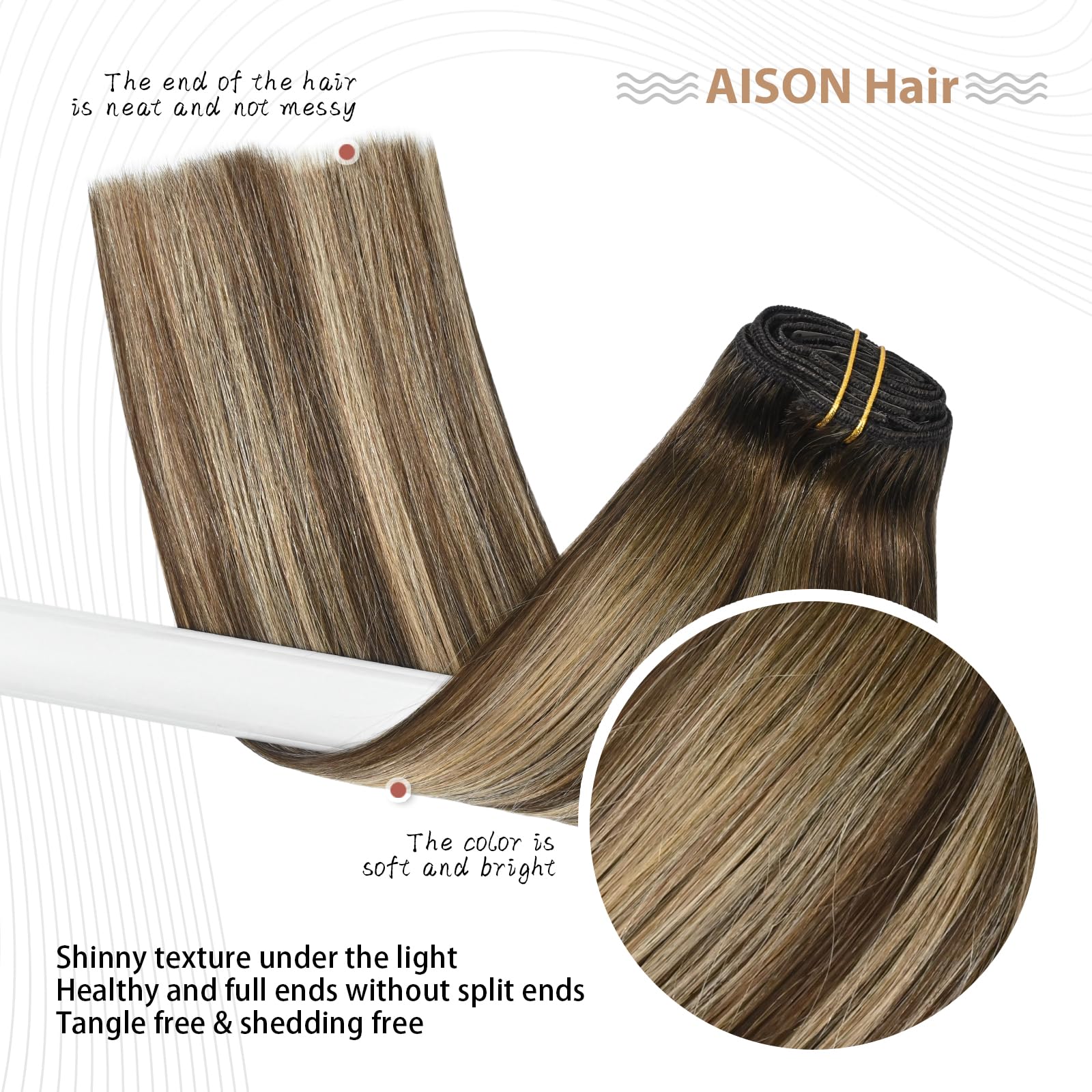 Aison Caramel Clip in Hair Extensions Real Human Hair 70G Chocolate Brown To Dark Blonde 100% Remy Human Hair Soft Silky Straigh