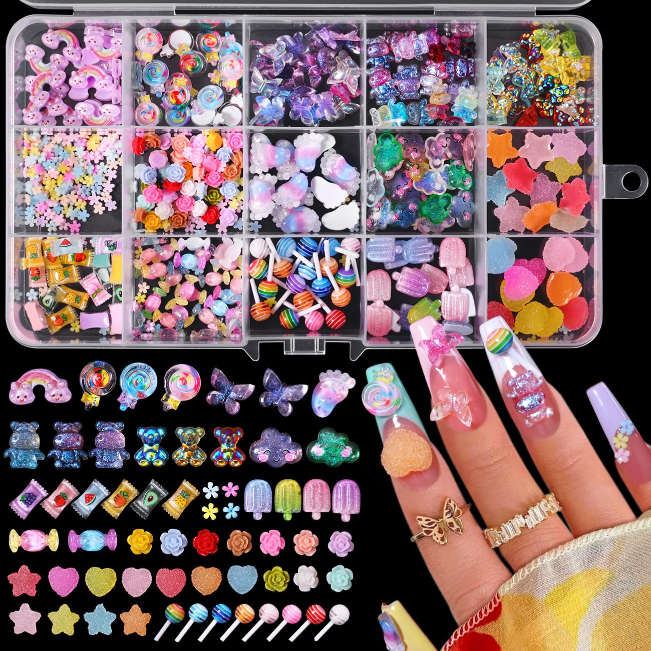 3D Mix Assorted Color Nail Charms Acrylic Multi Cute Nail Art Charms Hollow Candy Jewelry Nail Supplies for Nail Art Design DIY 