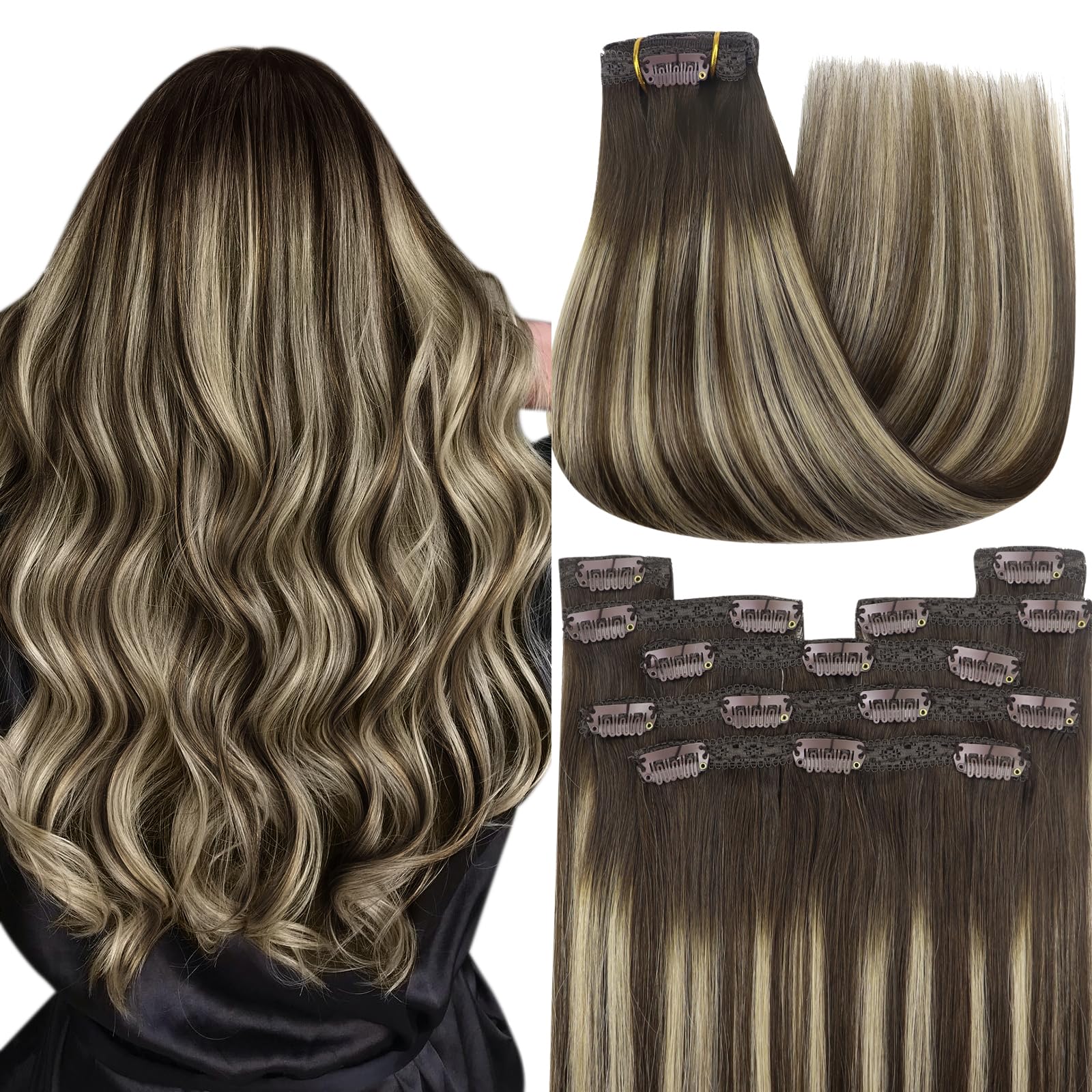 YoungSee Clip in Human Hair Extensions Brown Balayage Clip in Extensions Real Human Hair Chocolate Brown with Ash Blonde Balayag