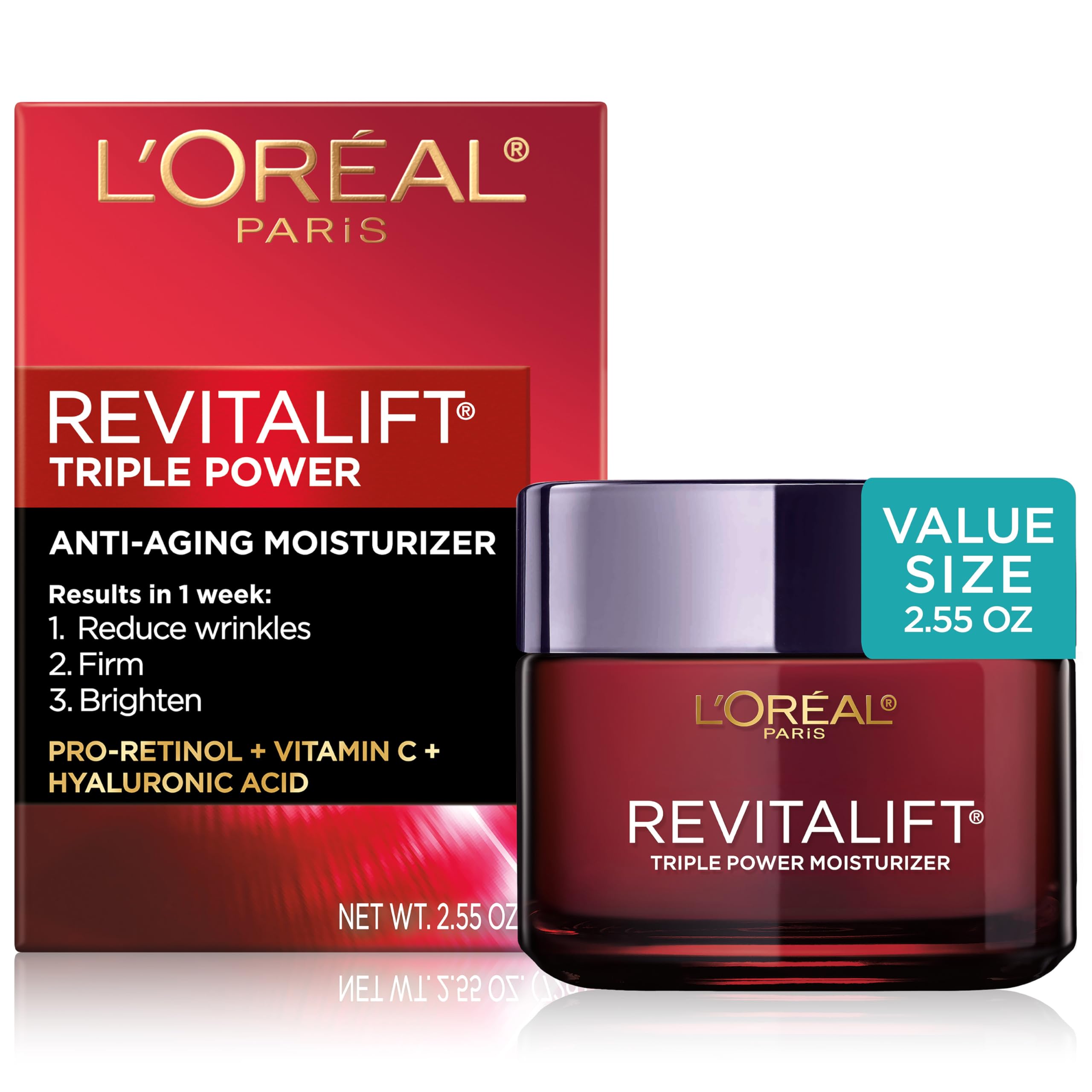 L'Oreal Paris Revitalift Triple Power Anti-Aging Face Moisturizer, Pro Retinol, Hyaluronic Acid & Vitamin C, Reduce Wrinkles 2.5