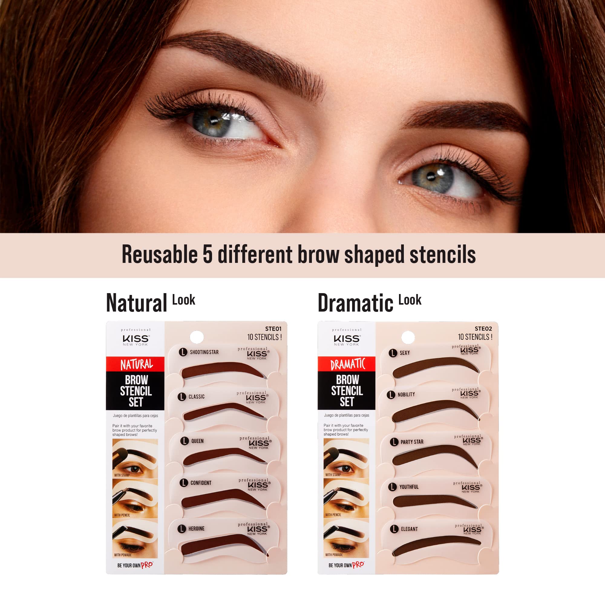 Kiss New York Professional Instant Brow Stamp And Stencil Kit Powder Stamp Eyebrow Shaping Kit (Stencil-Natural)