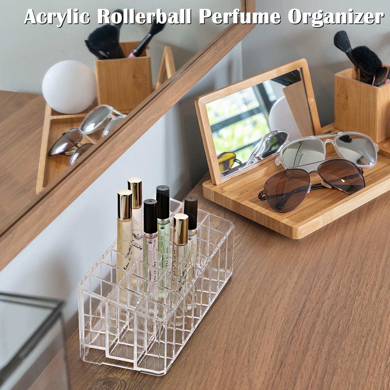 Elldoo Rollerball Perfume Organizer, 24 Spaces Clear Acrylic Perfume Storage Holder Beauty Scent Holder, Makeup Lipgloss Lipstic