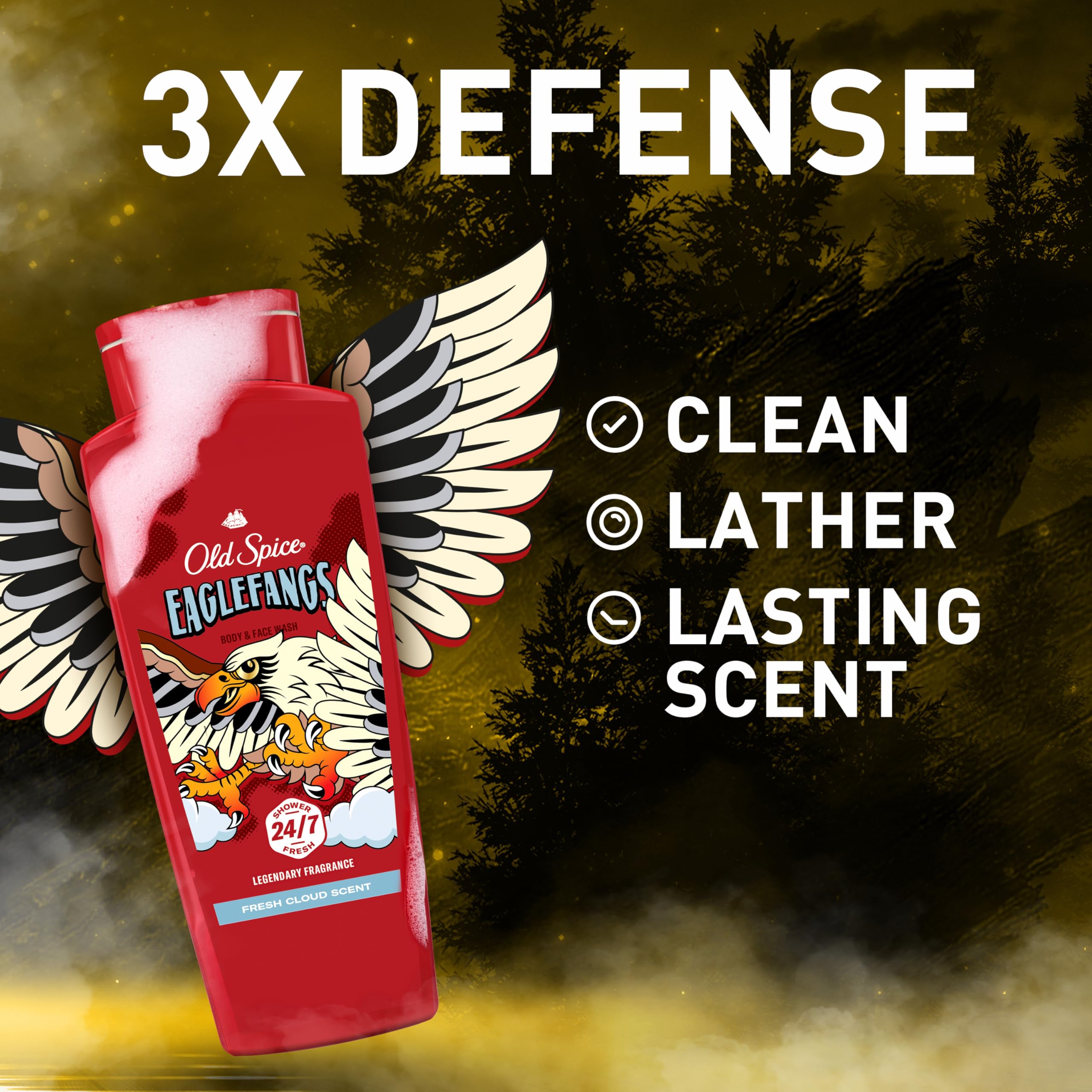 Old Spice Cleansing Body Wash for Men, 3X Defense, 24/7 Shower Fresh with Lasting Scent, 2-in-1 Body & Face Wash, Eaglefangs wit