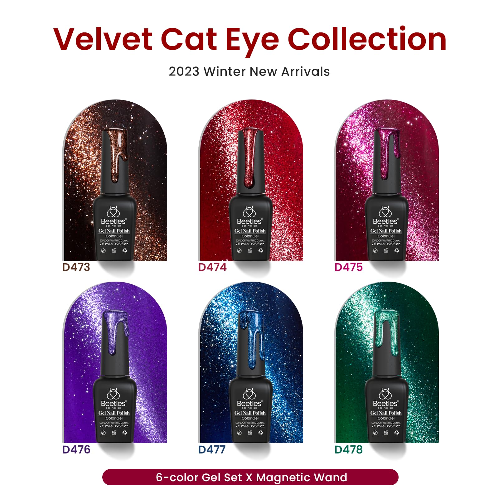 Beetles Cat Eye Christmas Gel Nail Polish Set 6 Colors, Glitter Red Shiny Brown Burgundy Purple Blue Green Magnetic Effect Spark