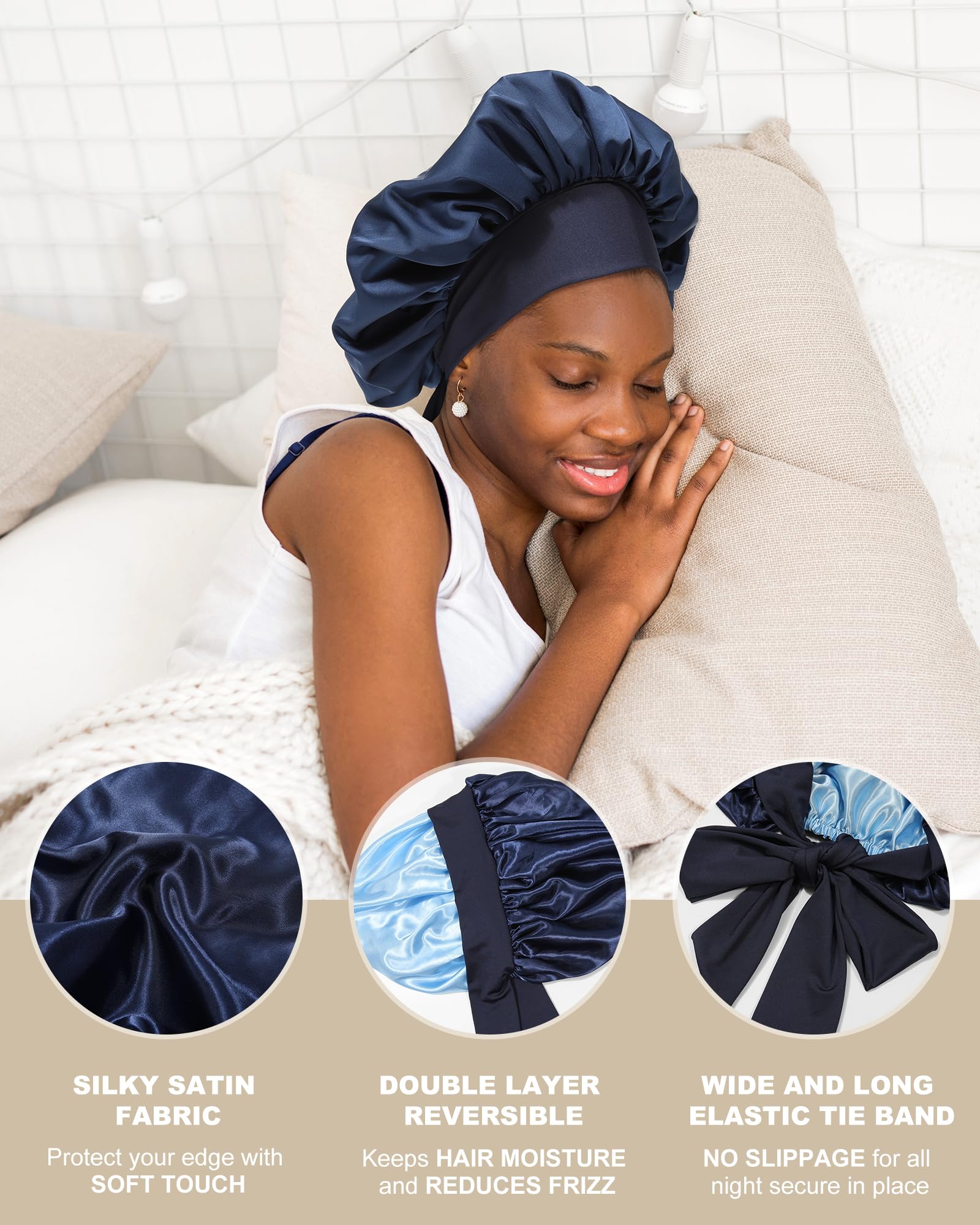 Satin Bonnet For Women Silk Bonnets For Sleeping Curly Hair Bonnet With Elastic Tie Band Reversible Double Layer Sleep Cap Hair