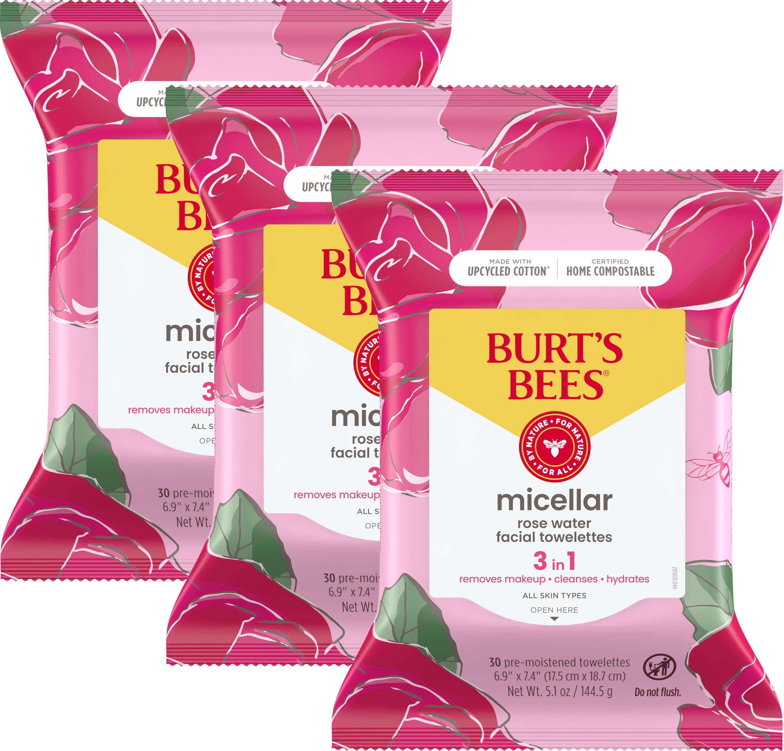 Burt'S Bees Rose Water Face Wipes, For All Skin Types, Hydrating Micellar Makeup Remover & Facial Cleansing Towelettes, 30 Ct (3