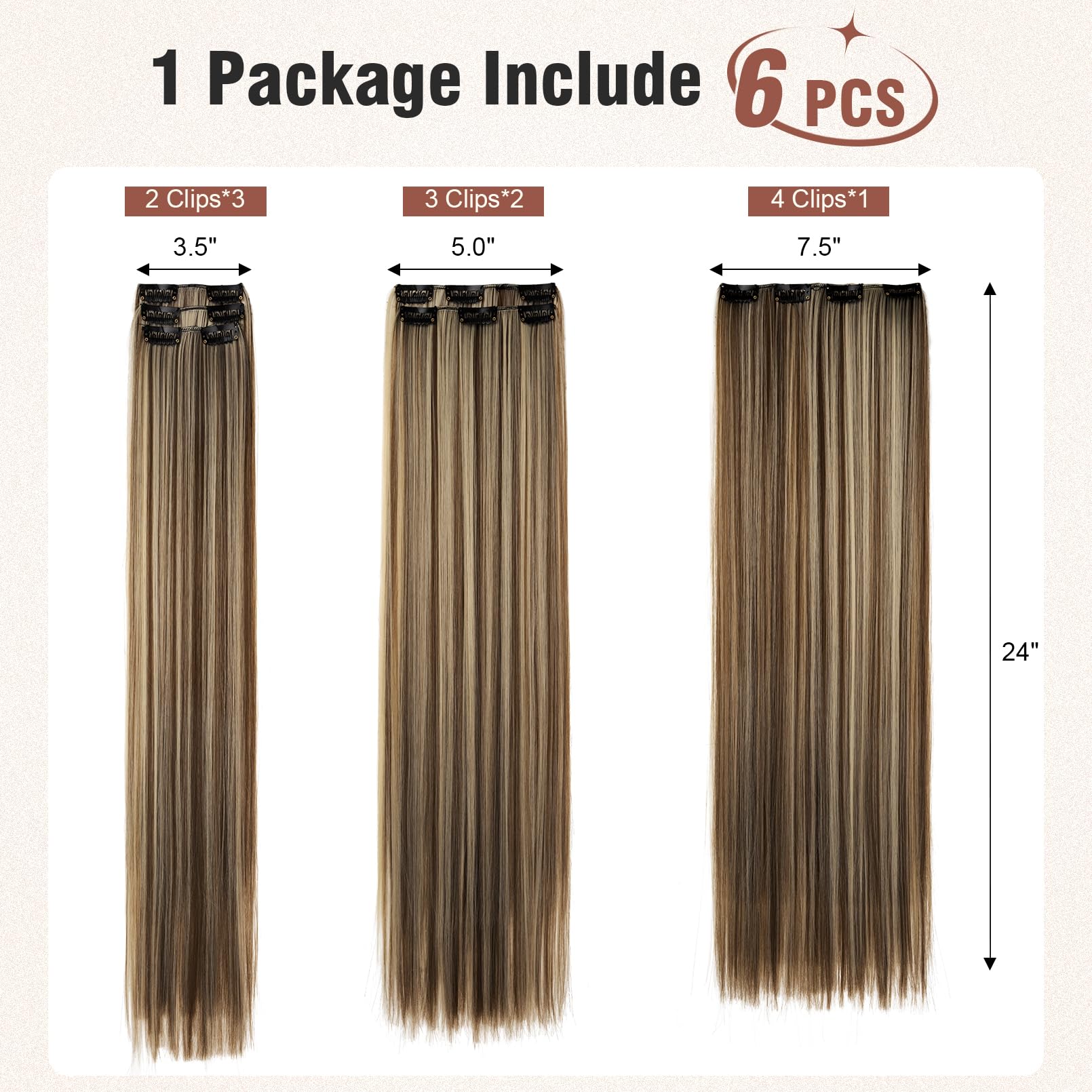 Flufymooz 6Pc Clip In Hair Extensions 24'' Straight Long Extensions For Women Synthetic Hairpiece (Chocolate Brown With Blonde H
