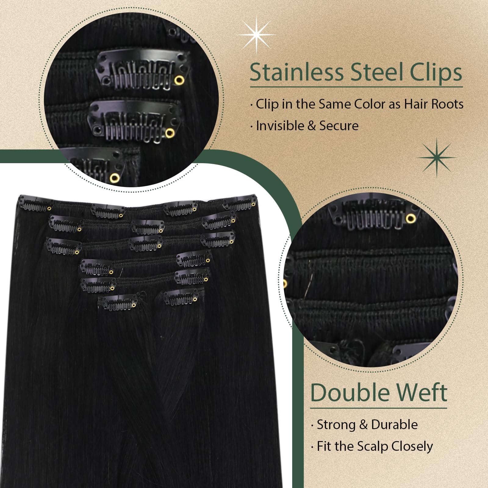Ugeat 24 Inch Jet Black Hair Extensions Clip In Remy Human Hair Long Straight Real Human Hair Clip In Extensions Full Head Set F