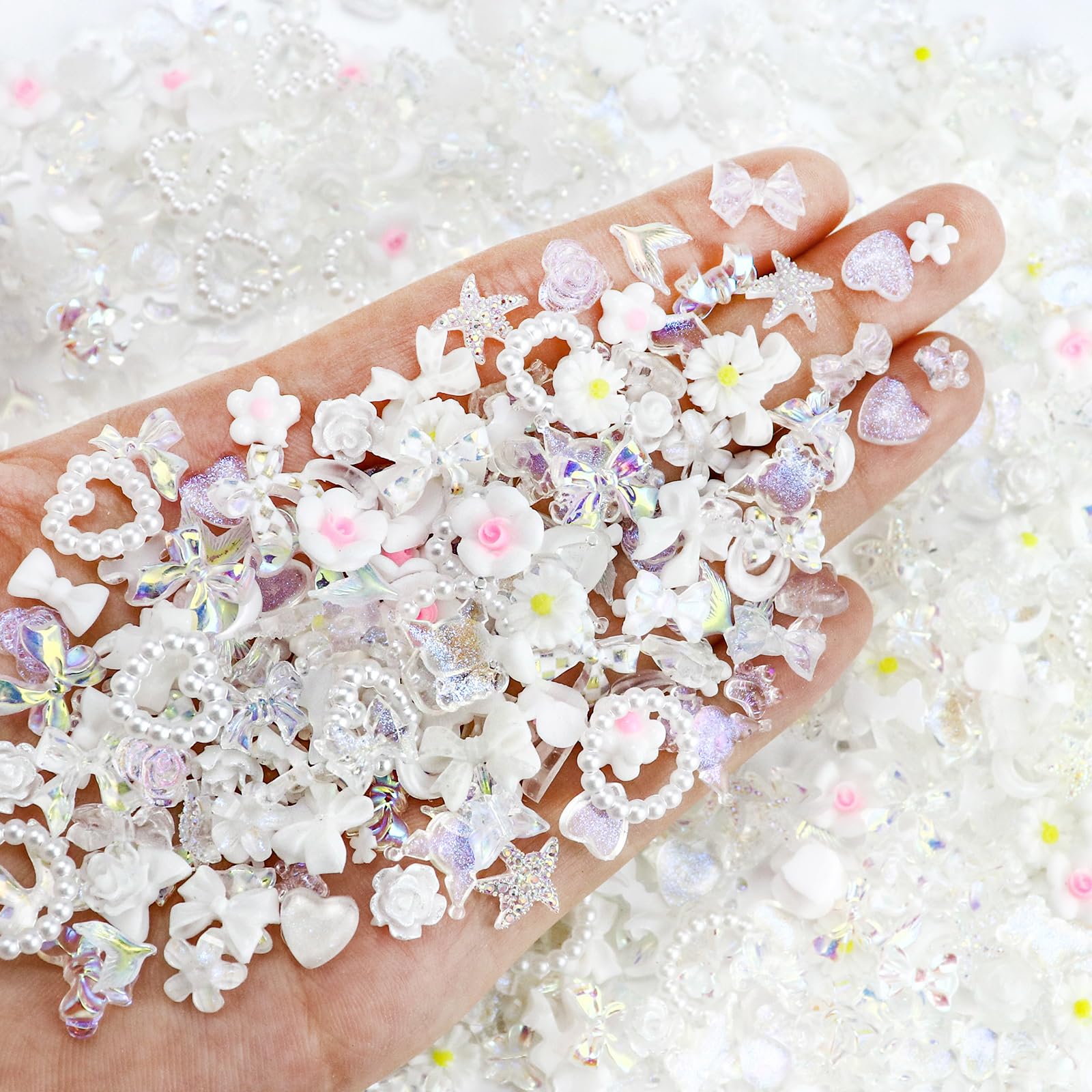 Briskbloom 320Pcs White Assorted Mix 3D Nail Charms, Cute Resin Charms For Acrylic Nail Decoration Diy Crafts, Flatback Kawaii Y