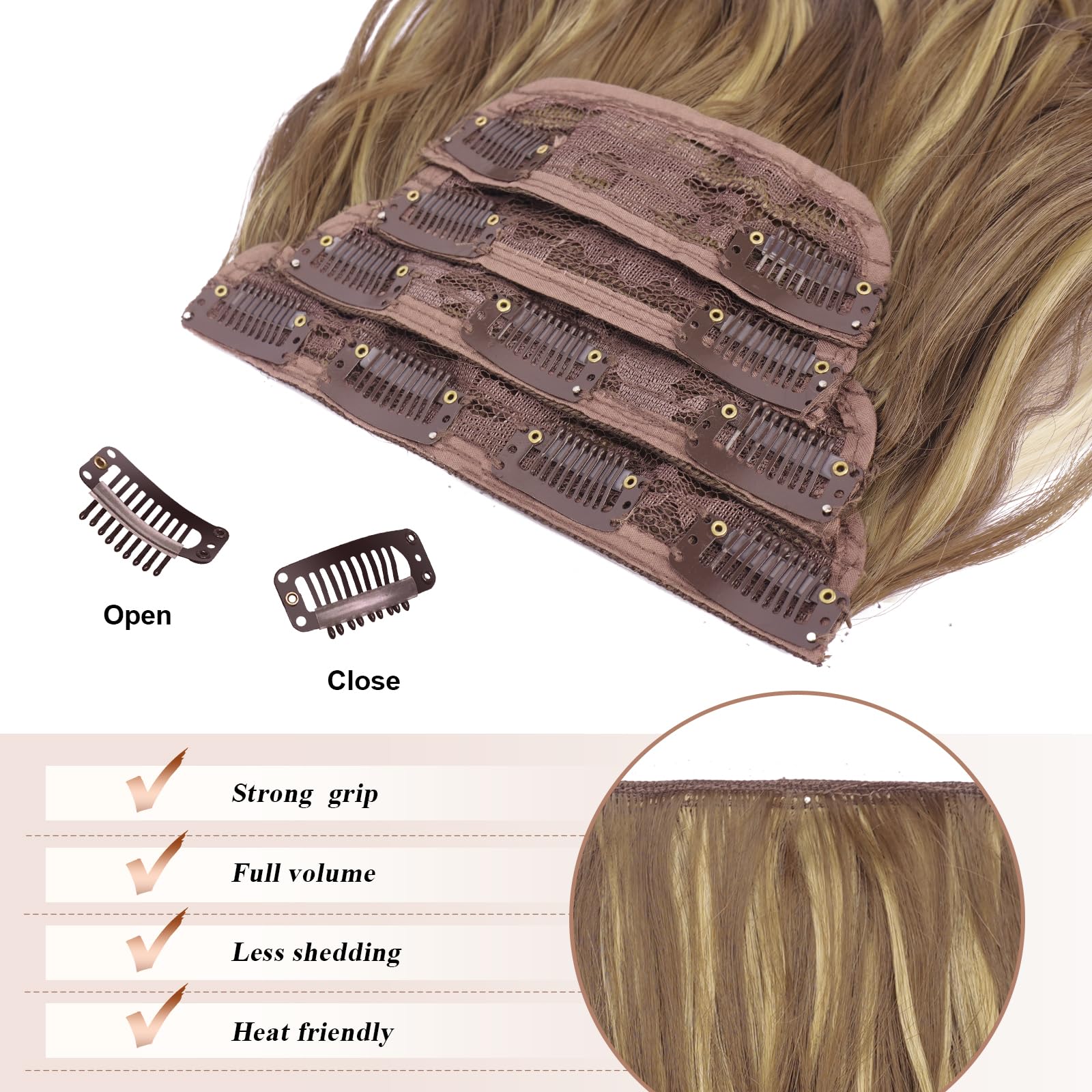 Feshfen Clip In Hair Extensions 4 Pcs Light Brown & Blonde Thick Highlighted Hairpieces Long Wavy Clip In Hair Piece Full Head S