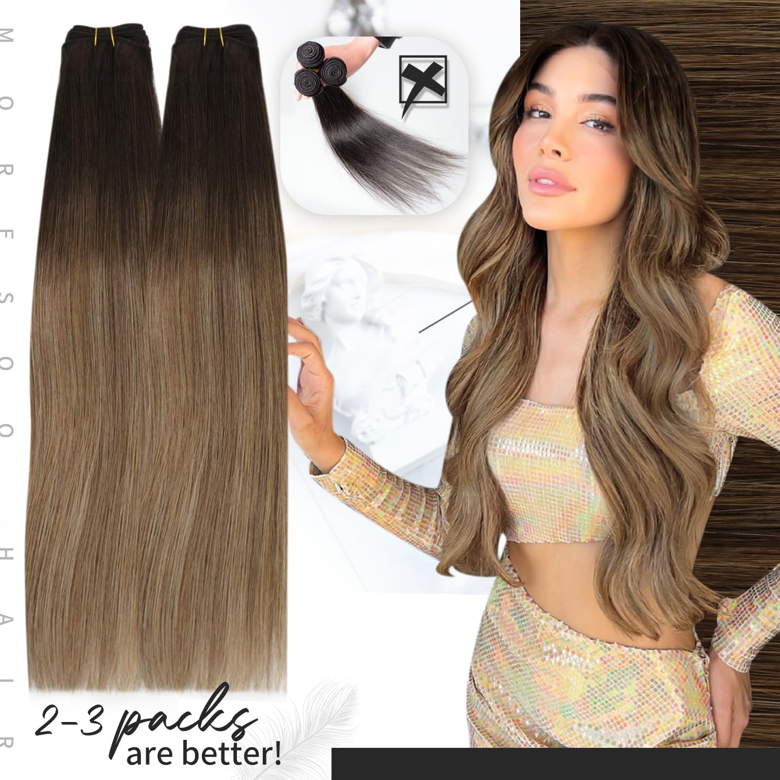 Moresoo Balayage Weft Hair Extensions Brown Human Hair Sew In Extensions Dark Brown To Light Brown Mixed With Golden Blonde Huma