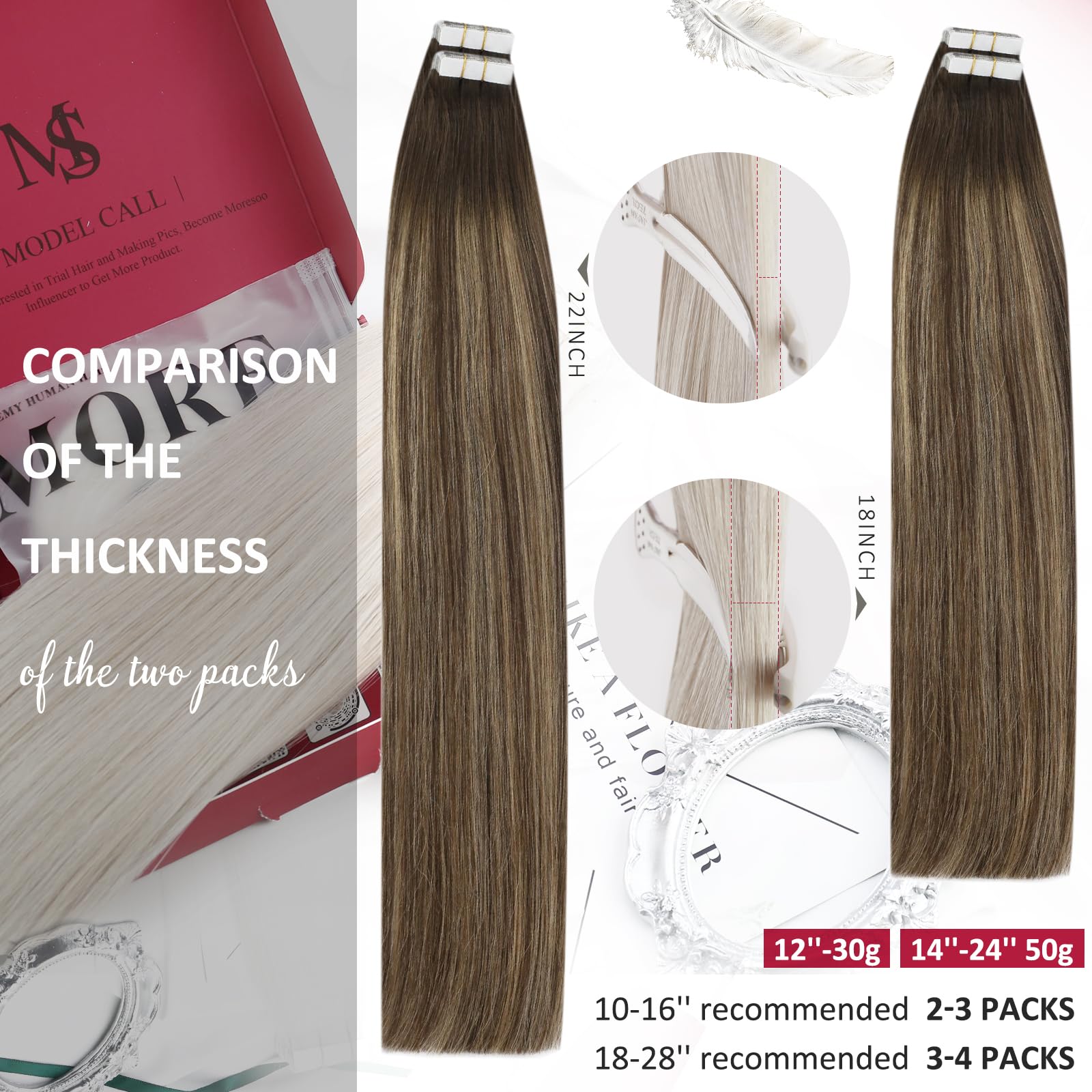 Moresoo Tape In Extensions Ombre 20 Inch Tape In Remy Human Hair Extensions 20Pcs Tape In Hair Extensions Brown To Blonde 4274 B